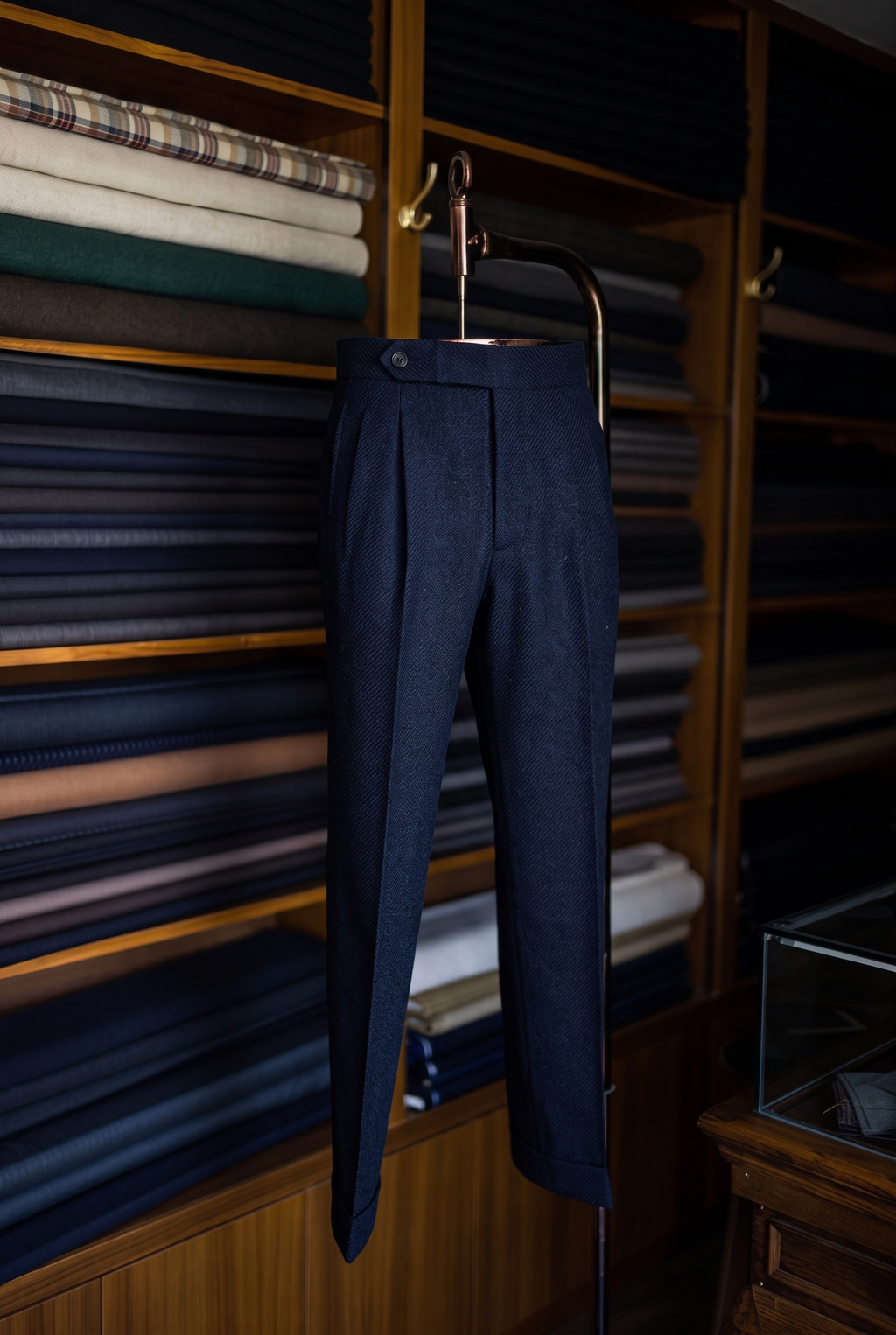 Imperial Navy Herringbone Double Pleated Trousers For Men