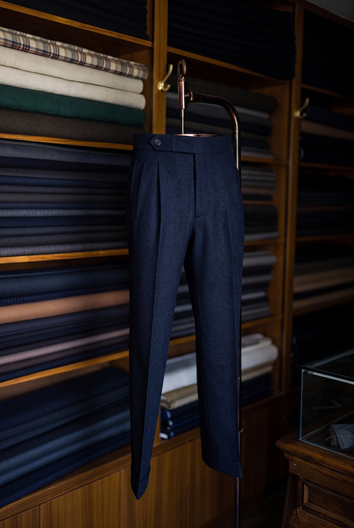 Imperial Navy Herringbone Double Pleated Trousers For Men