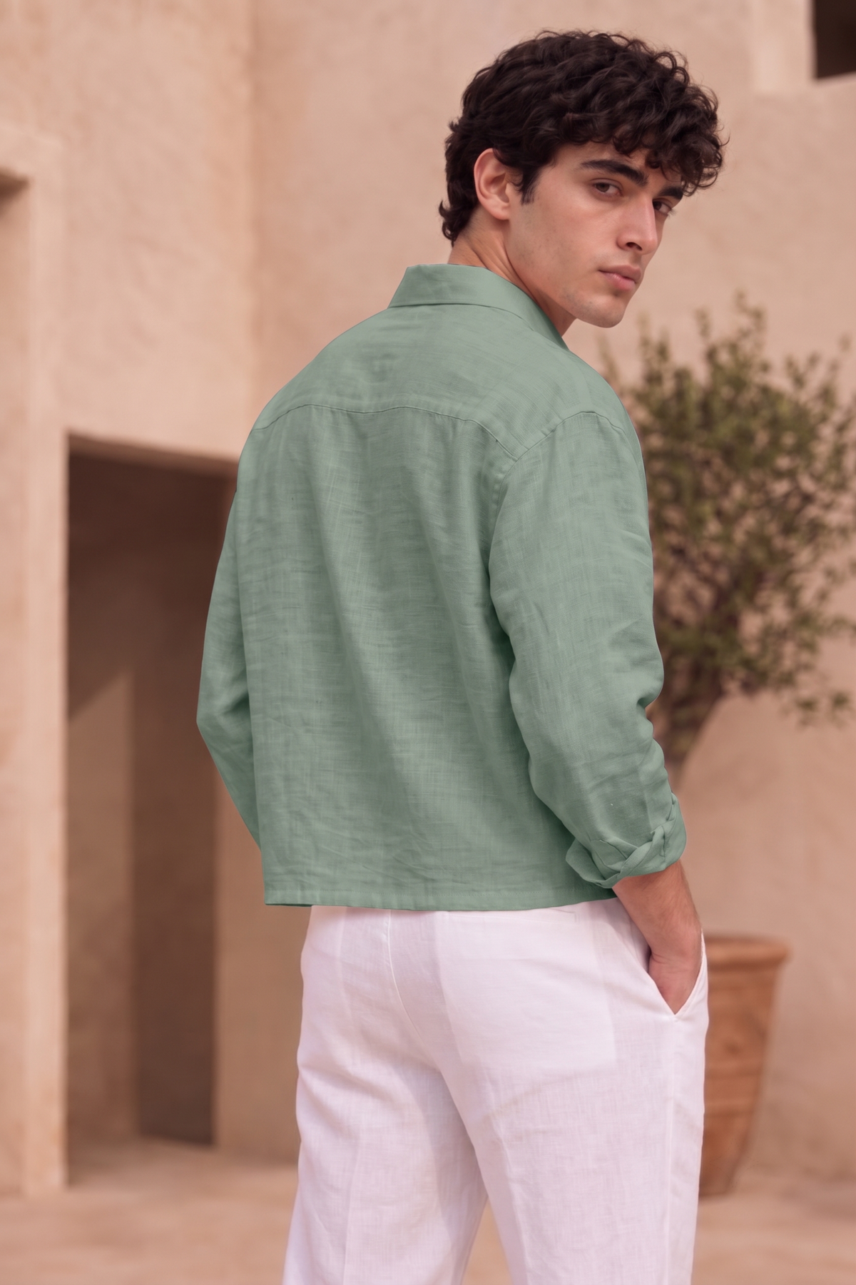 Full Sleeve Green Boxy Fit Pure Belgium Linen Crop Shirt
