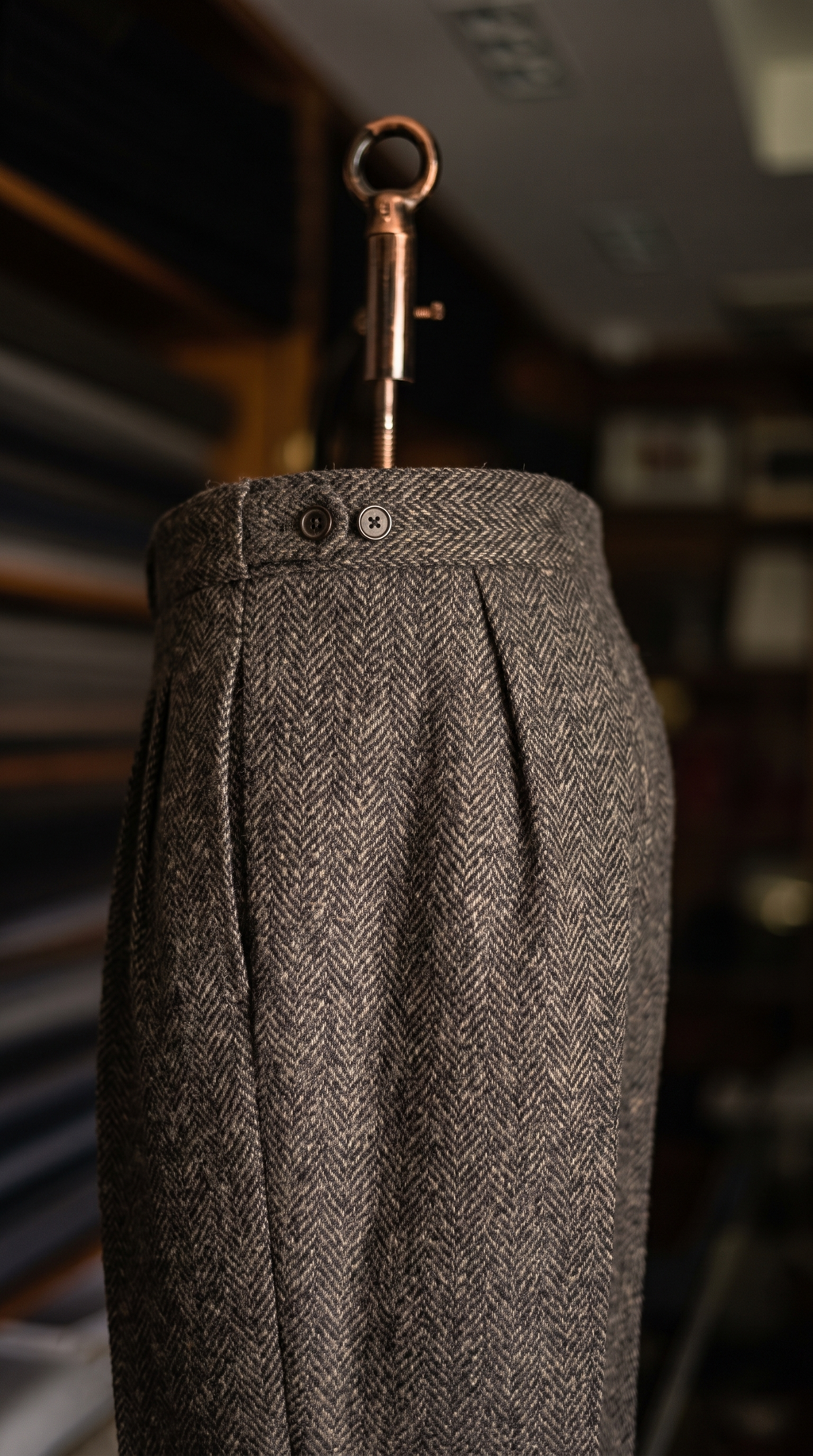 Imperial Brown Herringbone Double Pleated Trousers For Men