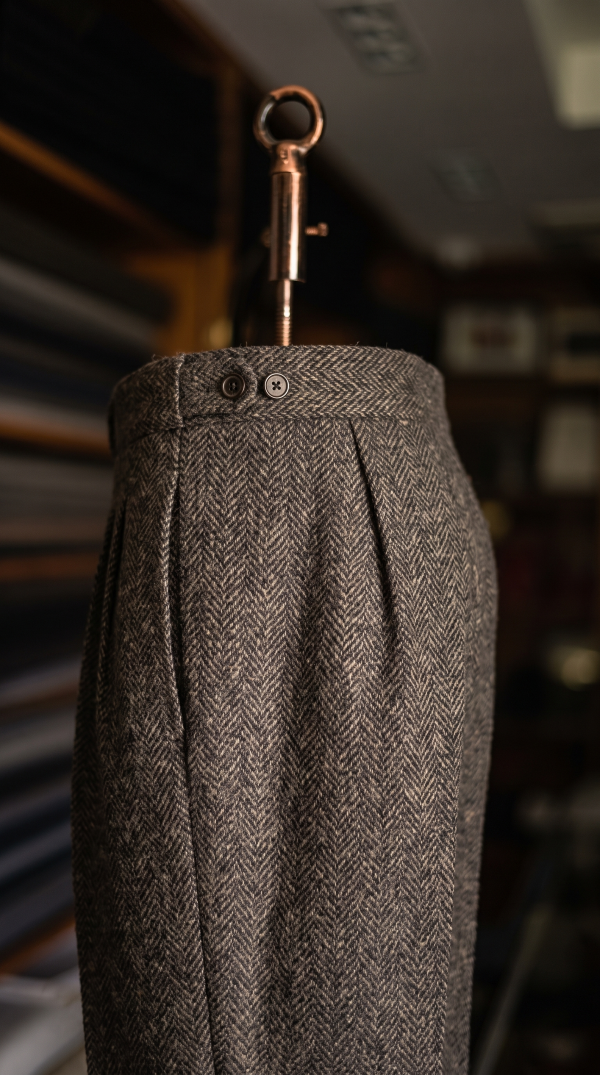 Imperial Brown Herringbone Double Pleated Trousers For Men
