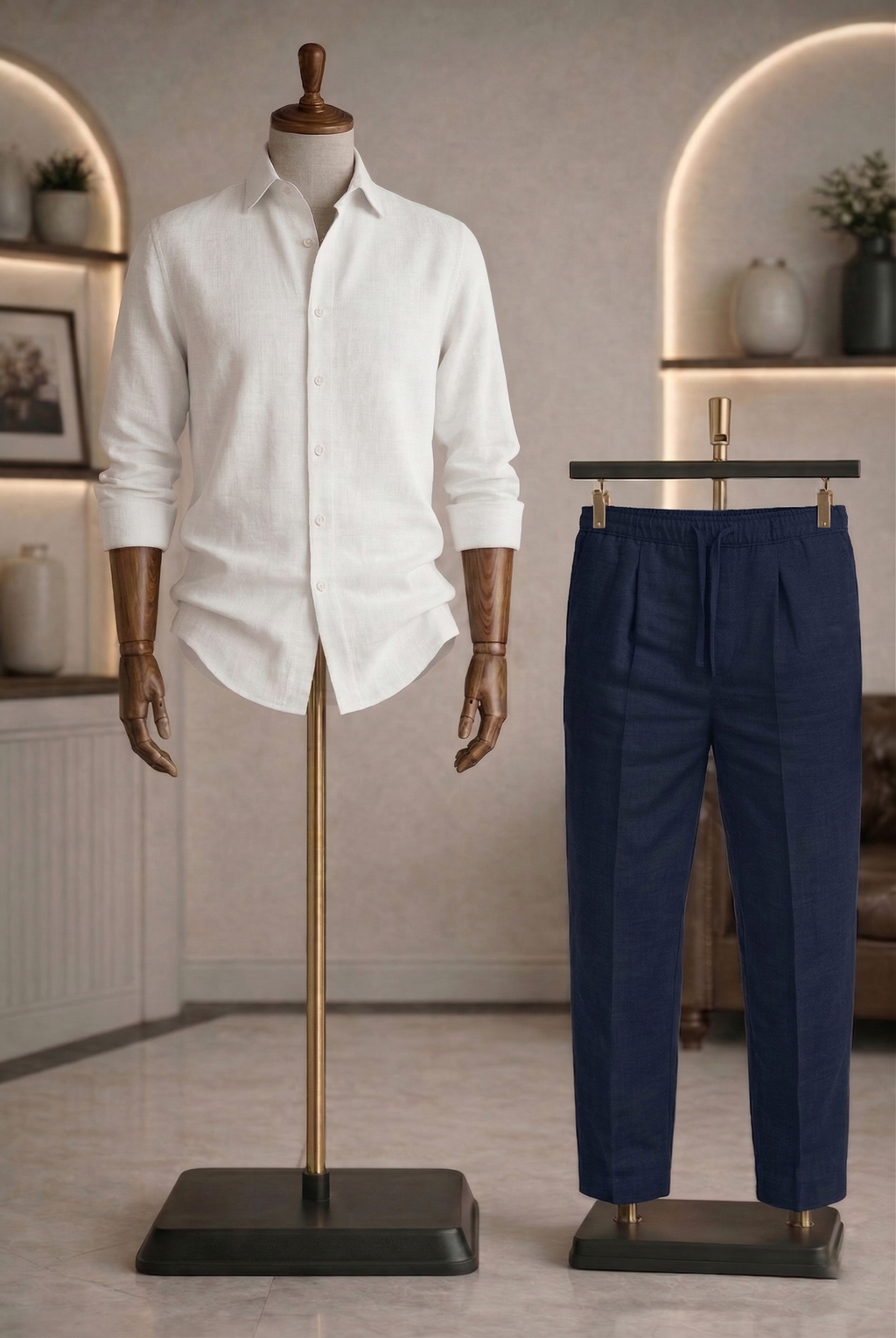 Full Sleeve Linen Pair For Men | White Linen Shirt with Navy Linen Pant