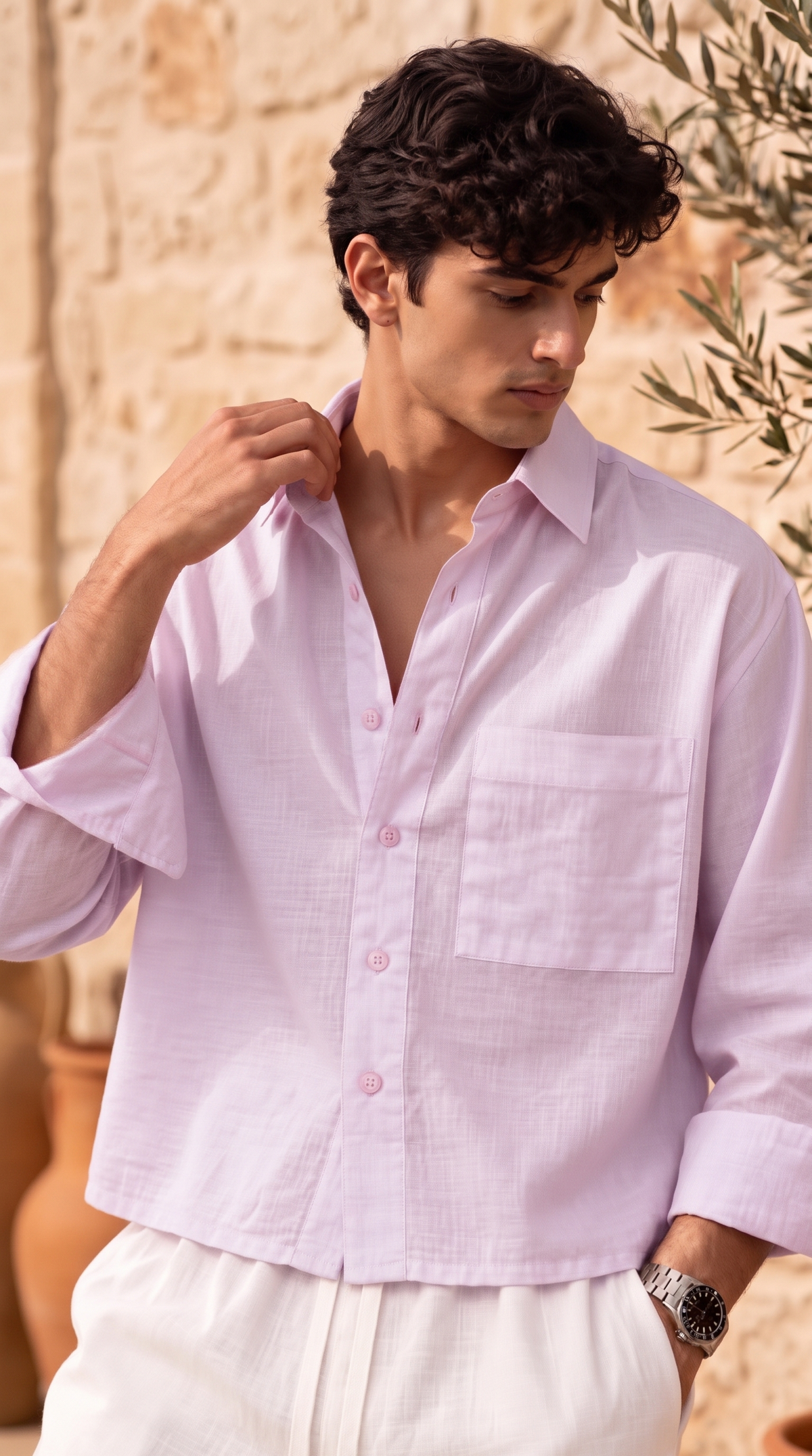 Full Sleeve Lavender Boxy Fit Pure Belgium Linen Crop Shirt
