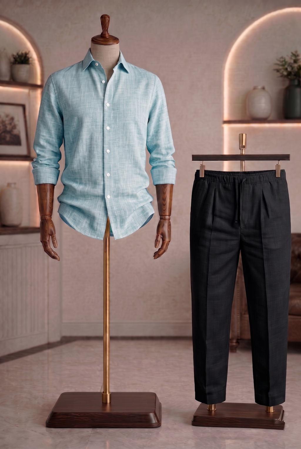 Full Sleeve Linen Pair For Men | Sky Blue Linen Shirt with Black Linen Pant