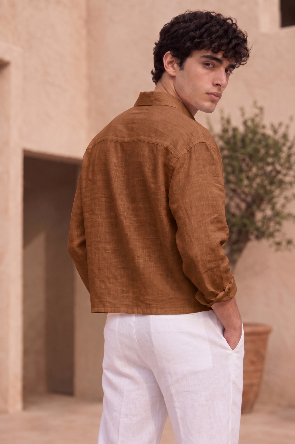 Full Sleeve Brown Boxy Fit Pure Belgium Linen Crop Shirt