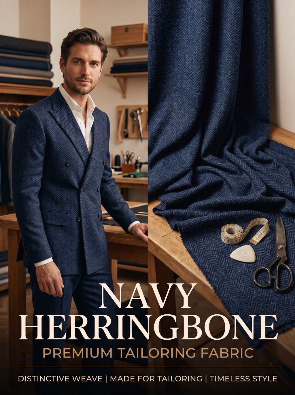 Luxury Navy Herringbone Fabric | Premium Formal Wear Fabric