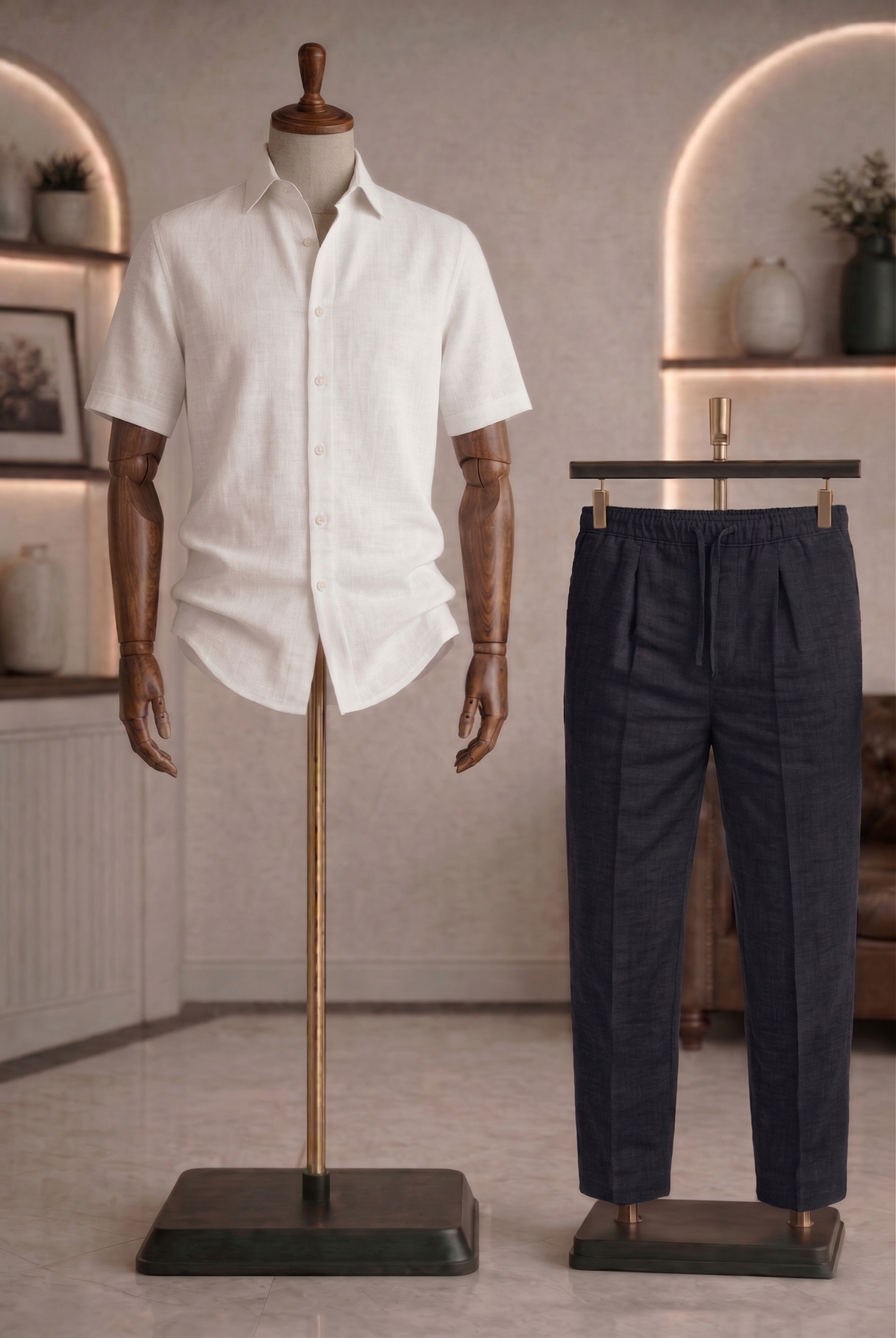 Half Sleeve Linen Pair For Men | White Linen Shirt with Black Linen Pant