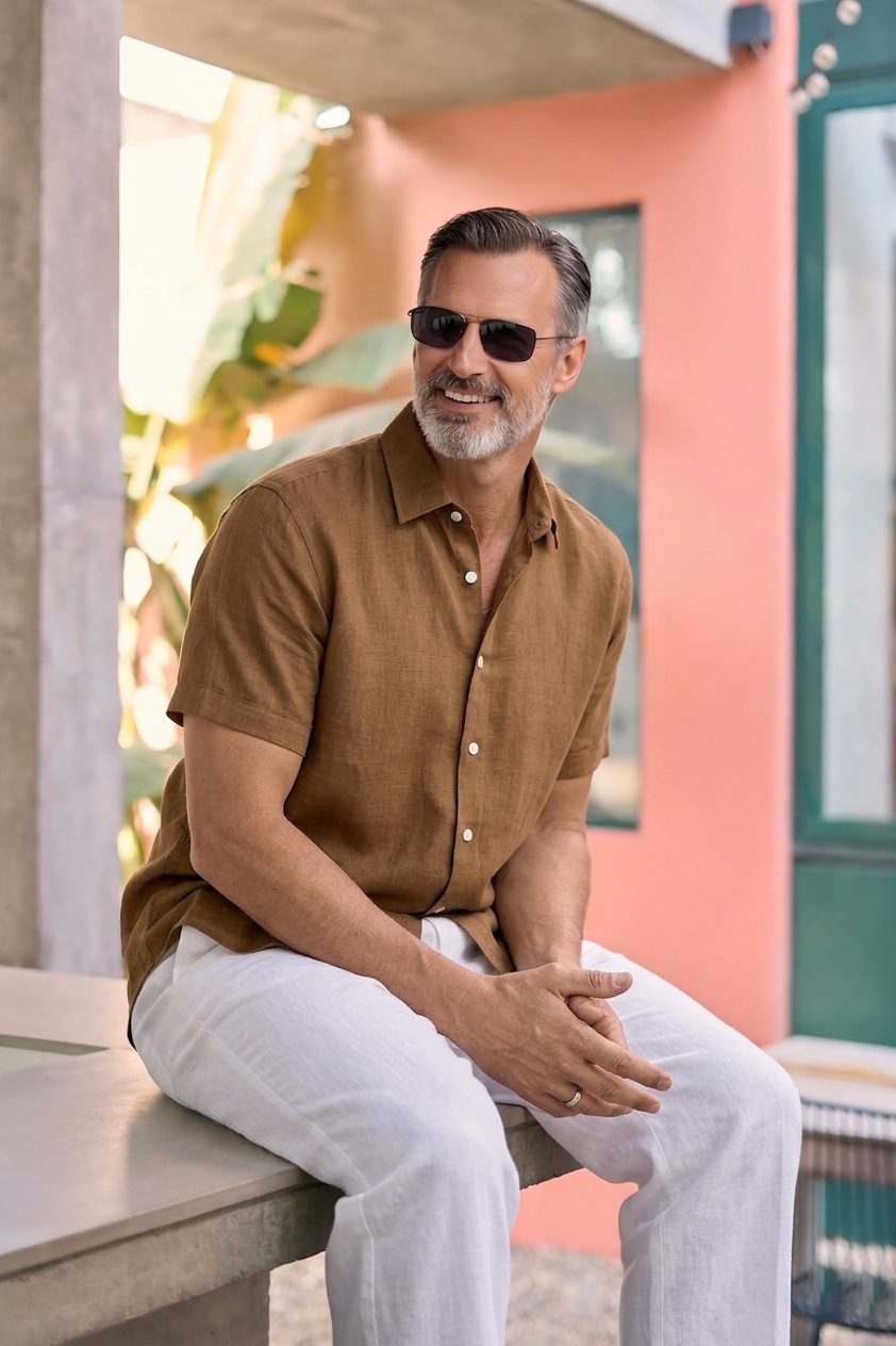Half Sleeve Linen Pair For Men | Brown Linen Shirt with White Linen Pant