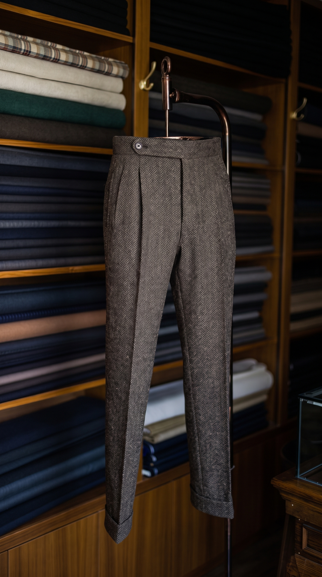Imperial Brown Herringbone Double Pleated Trousers For Men