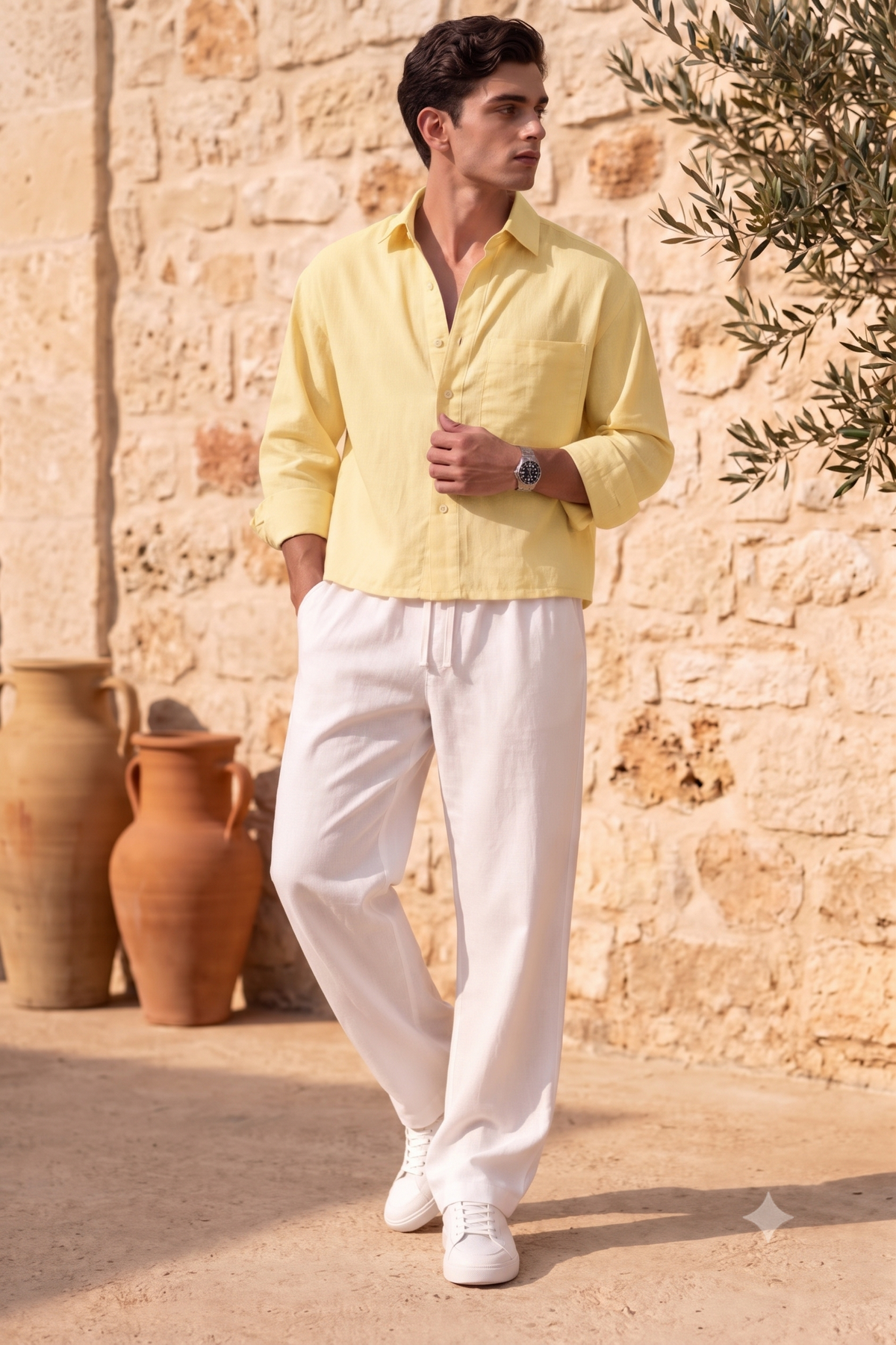 Full Sleeve Yellow Boxy Fit Pure Belgium Linen Crop Shirt