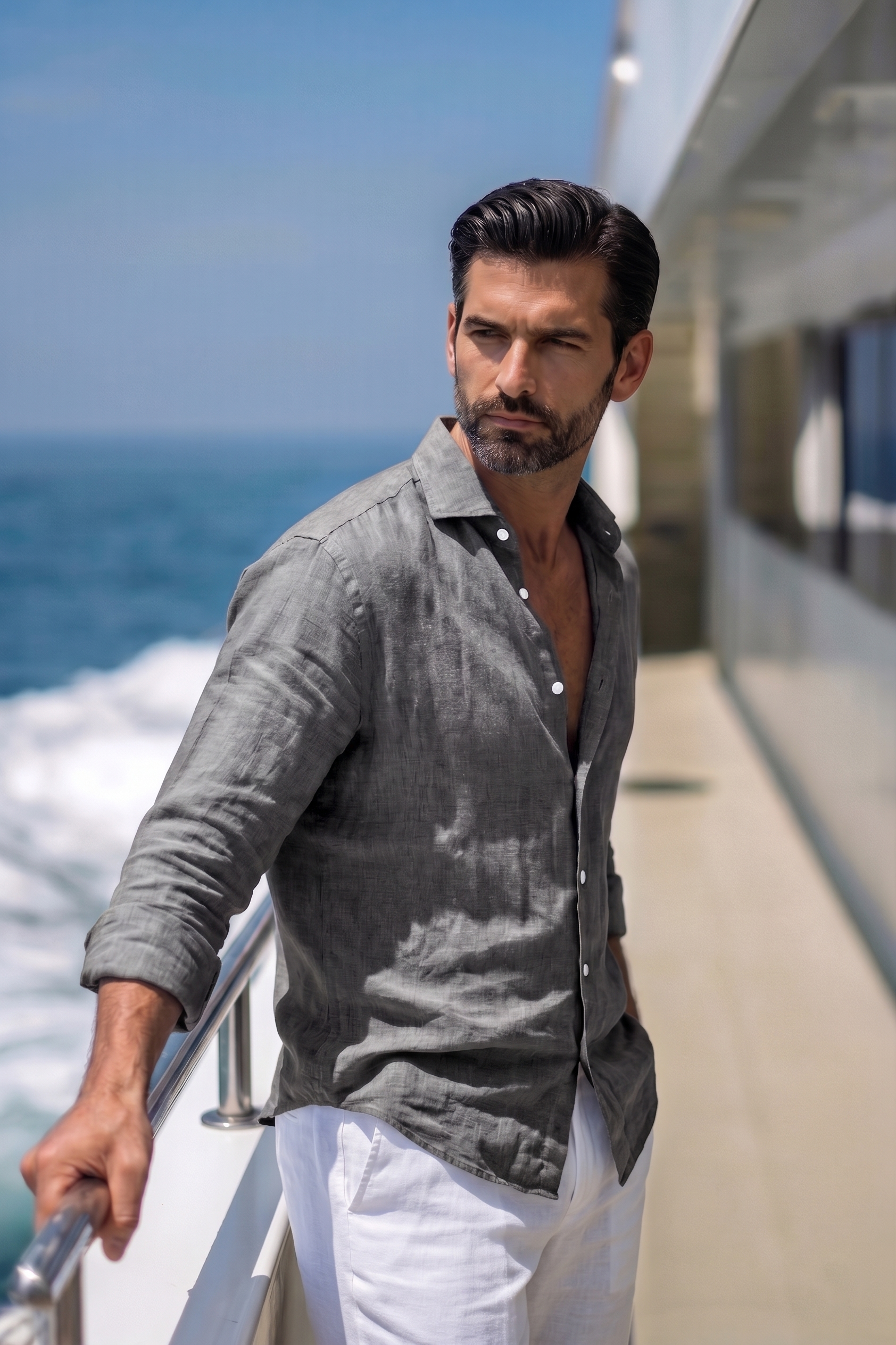 Full Sleeve Linen Pair For Men | Dark Grey Linen Shirt with White Linen Pant