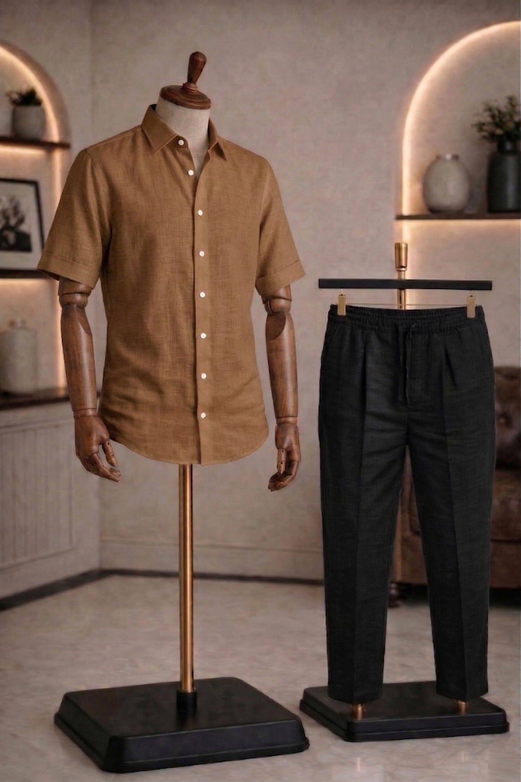 Half Sleeve Linen Pair For Men | Brown Linen Shirt with Black Linen Pant