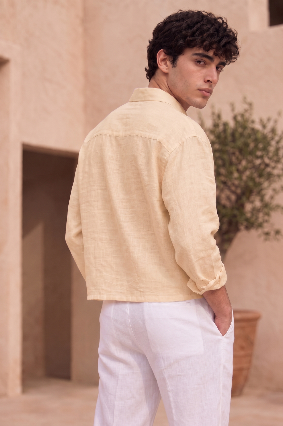 Full Sleeve Khaki Boxy Fit Pure Belgium Linen Crop Shirt
