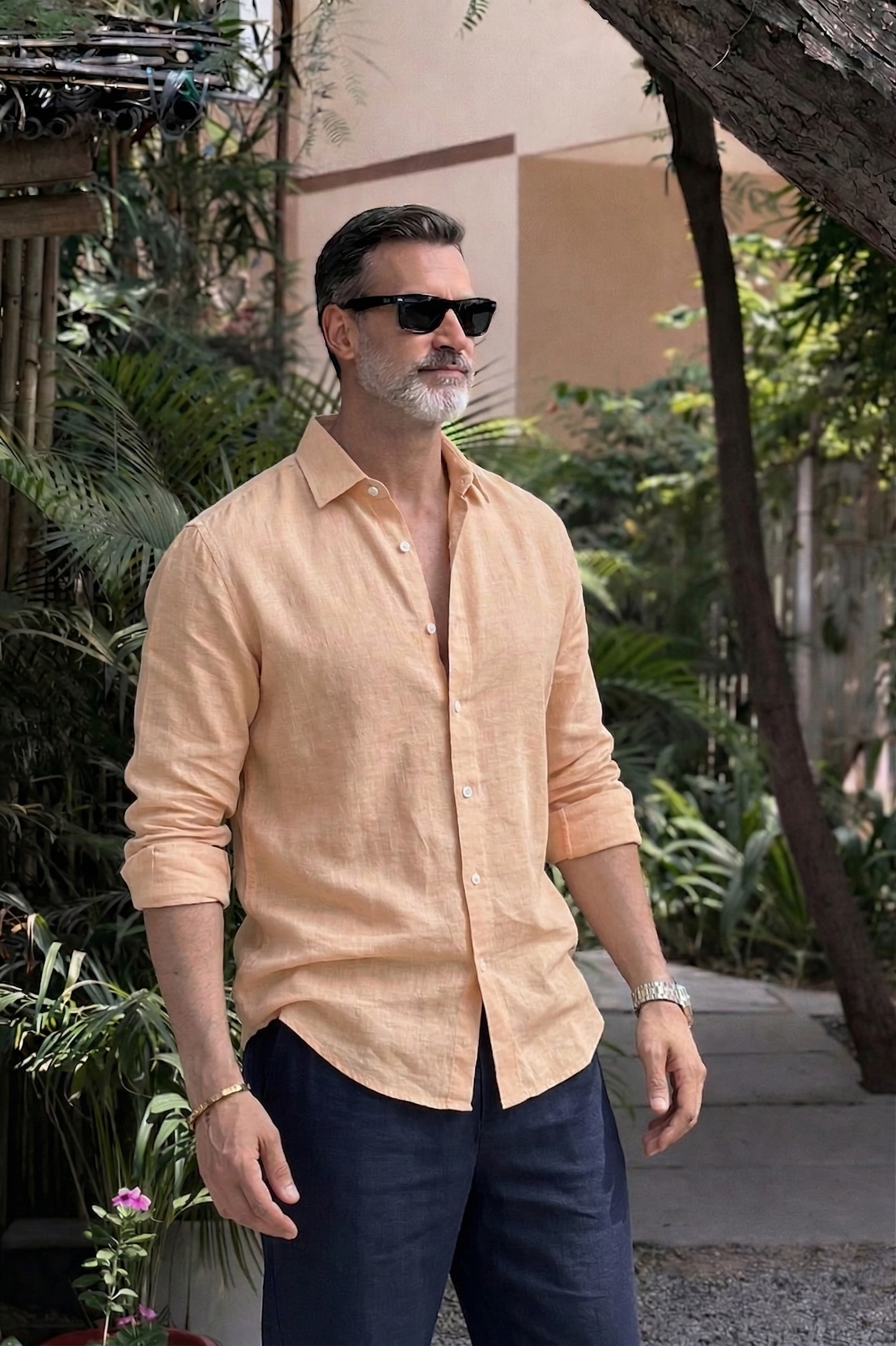 Full Sleeve Linen Pair For Men | Khaki Linen Shirt with Navy Linen Pant