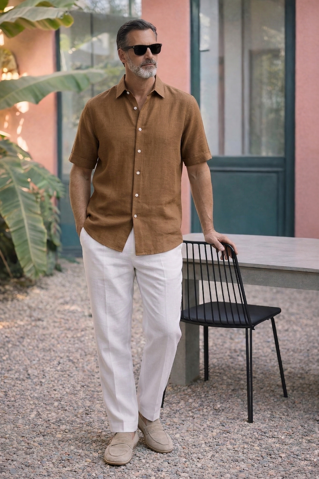 Half Sleeve Linen Pair For Men | Brown Linen Shirt with White Linen Pant