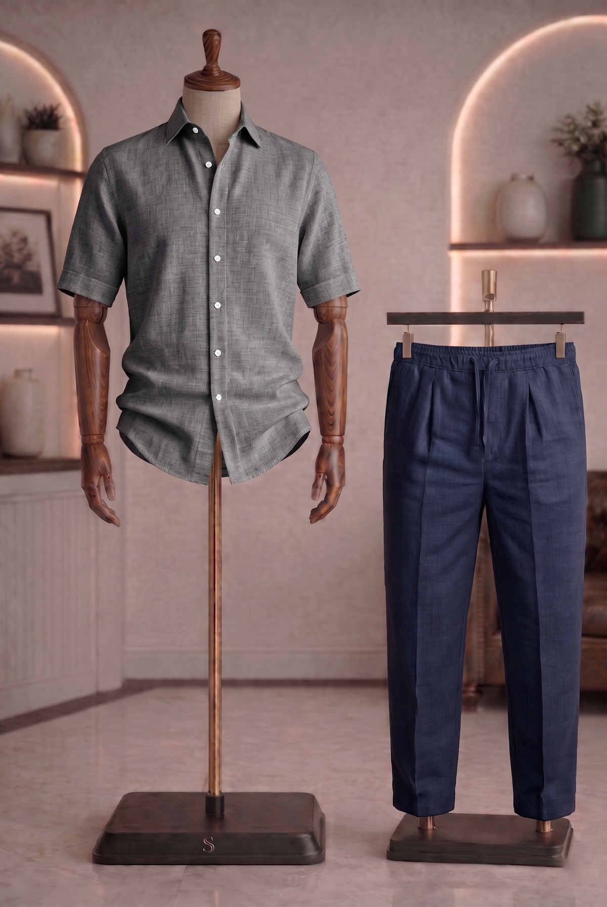 Half Sleeve Linen Pair For Men | Dark Grey Linen Shirt with Navy Linen Pant