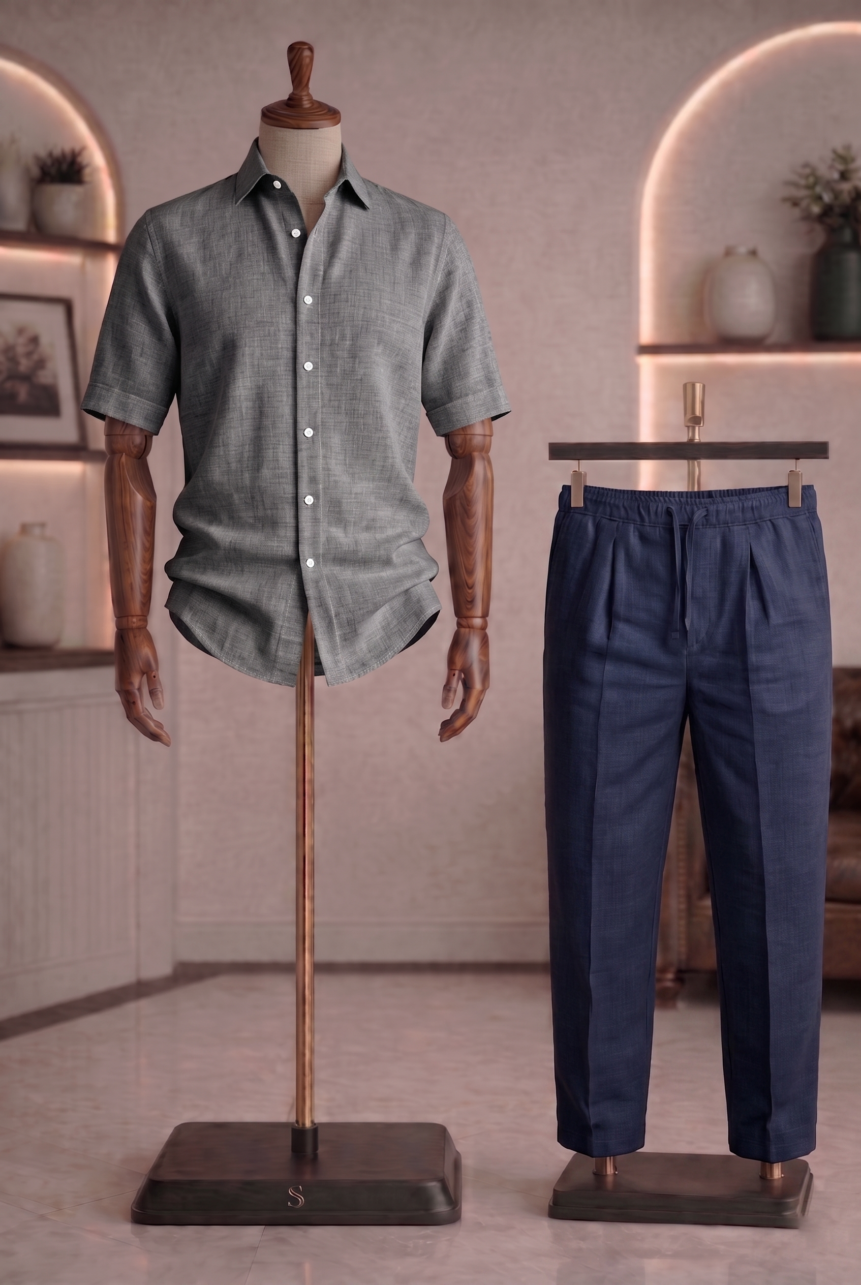 Half Sleeve Linen Pair For Men | Dark Grey Linen Shirt with Navy Linen Pant