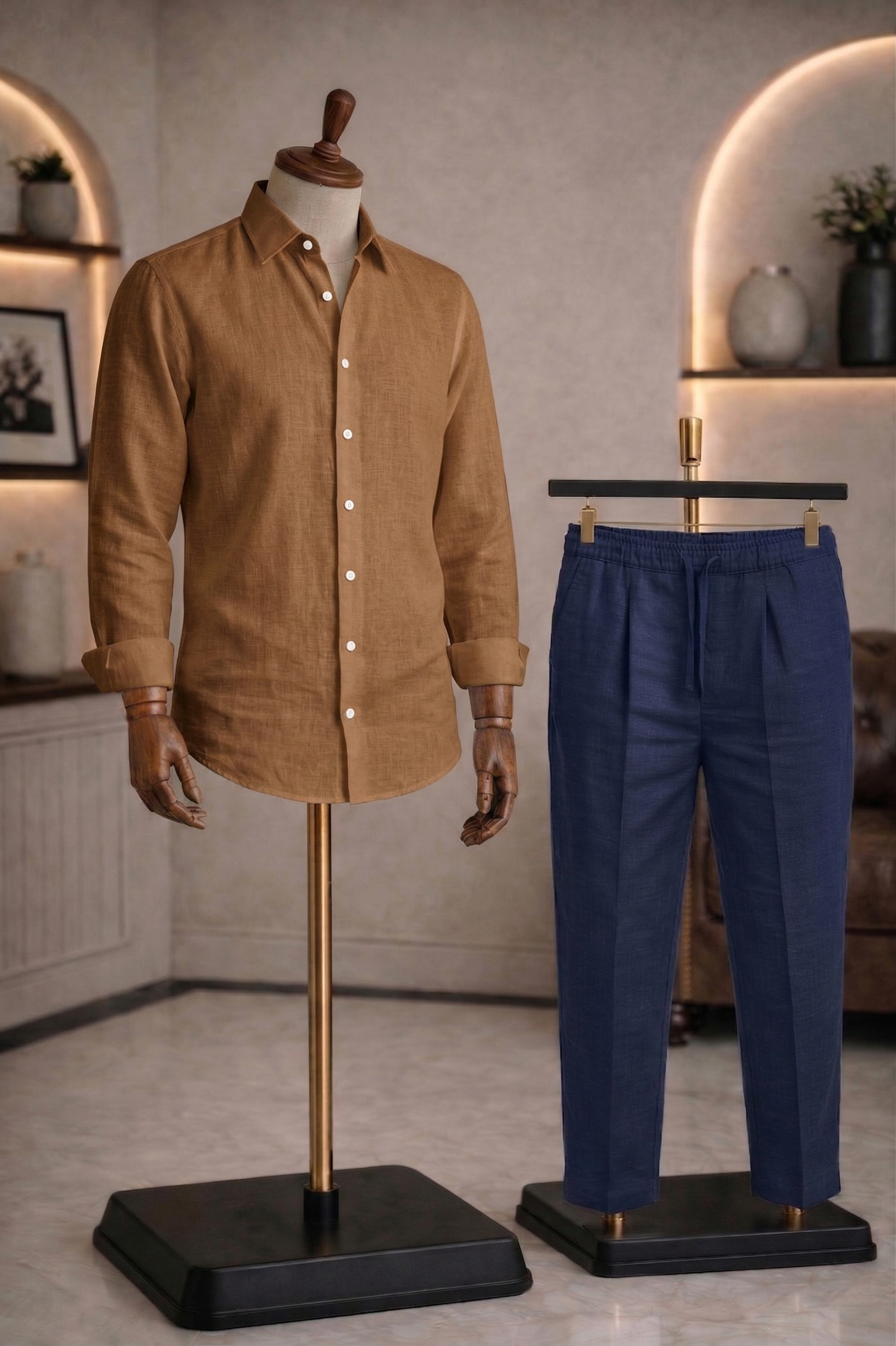 Full Sleeve Linen Pair For Men | Brown Linen Shirt with navy Linen Pant