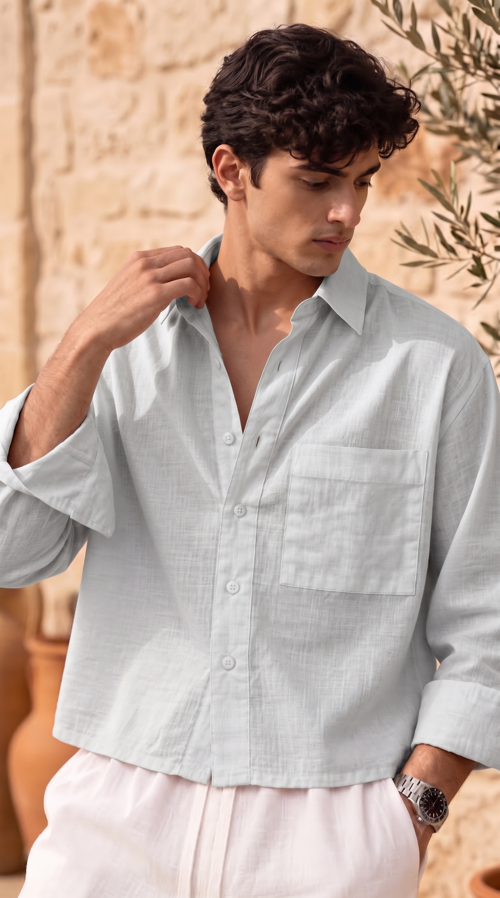Full Sleeve Grey Boxy Fit Pure Belgium Linen Crop Shirt