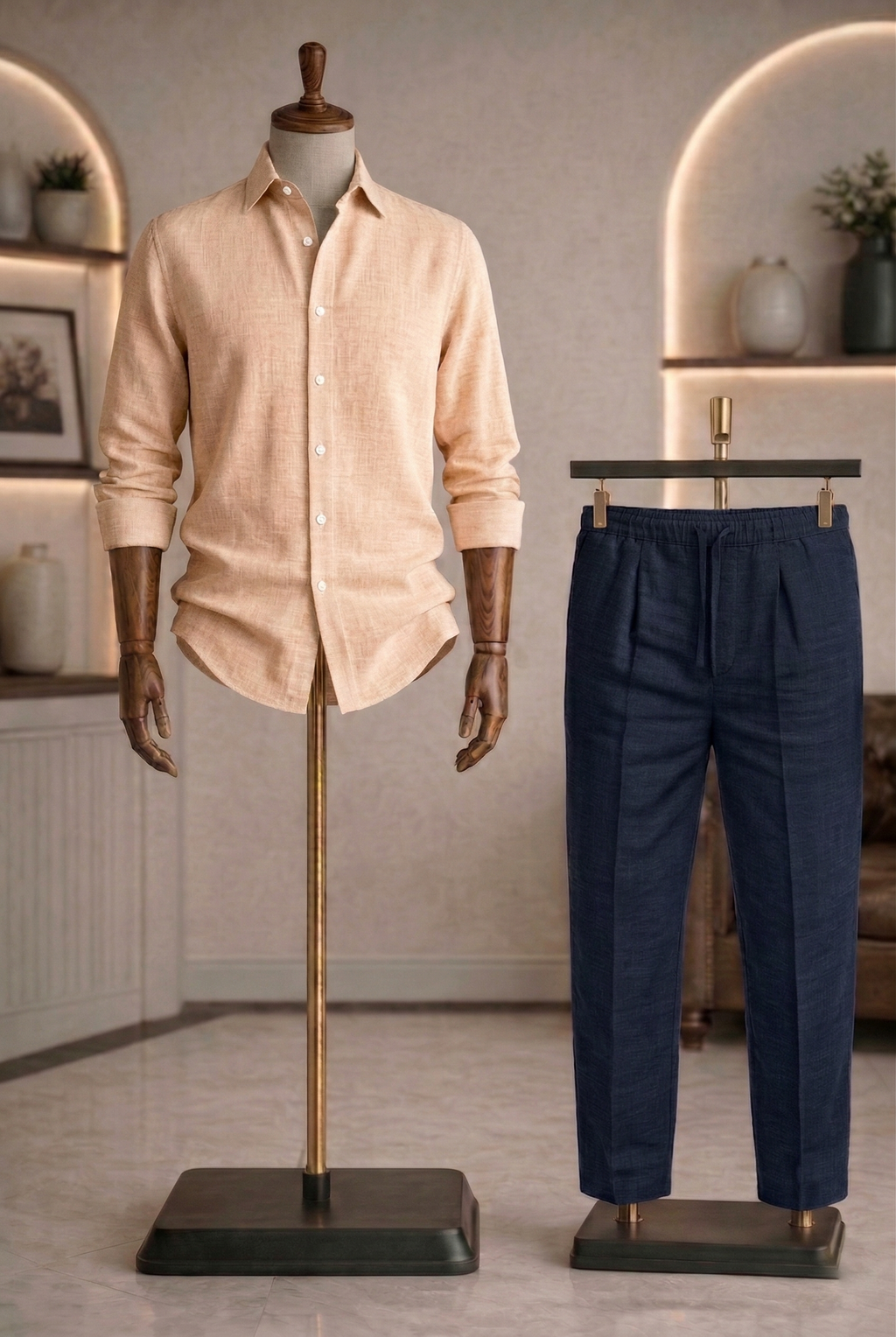 Full Sleeve Linen Pair For Men | Khaki Linen Shirt with Navy Linen Pant