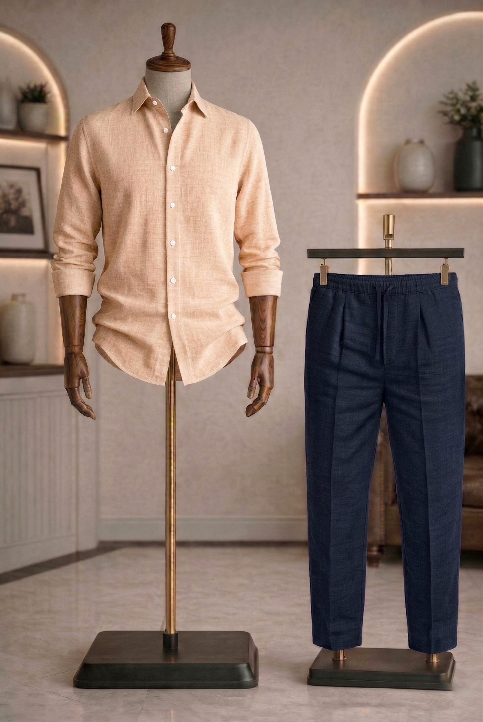 Full Sleeve Linen Pair For Men | Khaki Linen Shirt with Navy Linen Pant