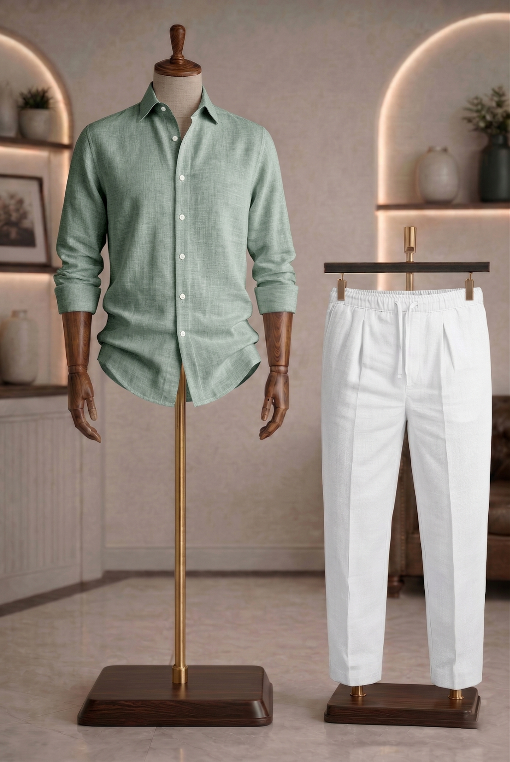 Full Sleeve Linen Pair For Men | Minty Green Linen Shirt with White Linen Pant