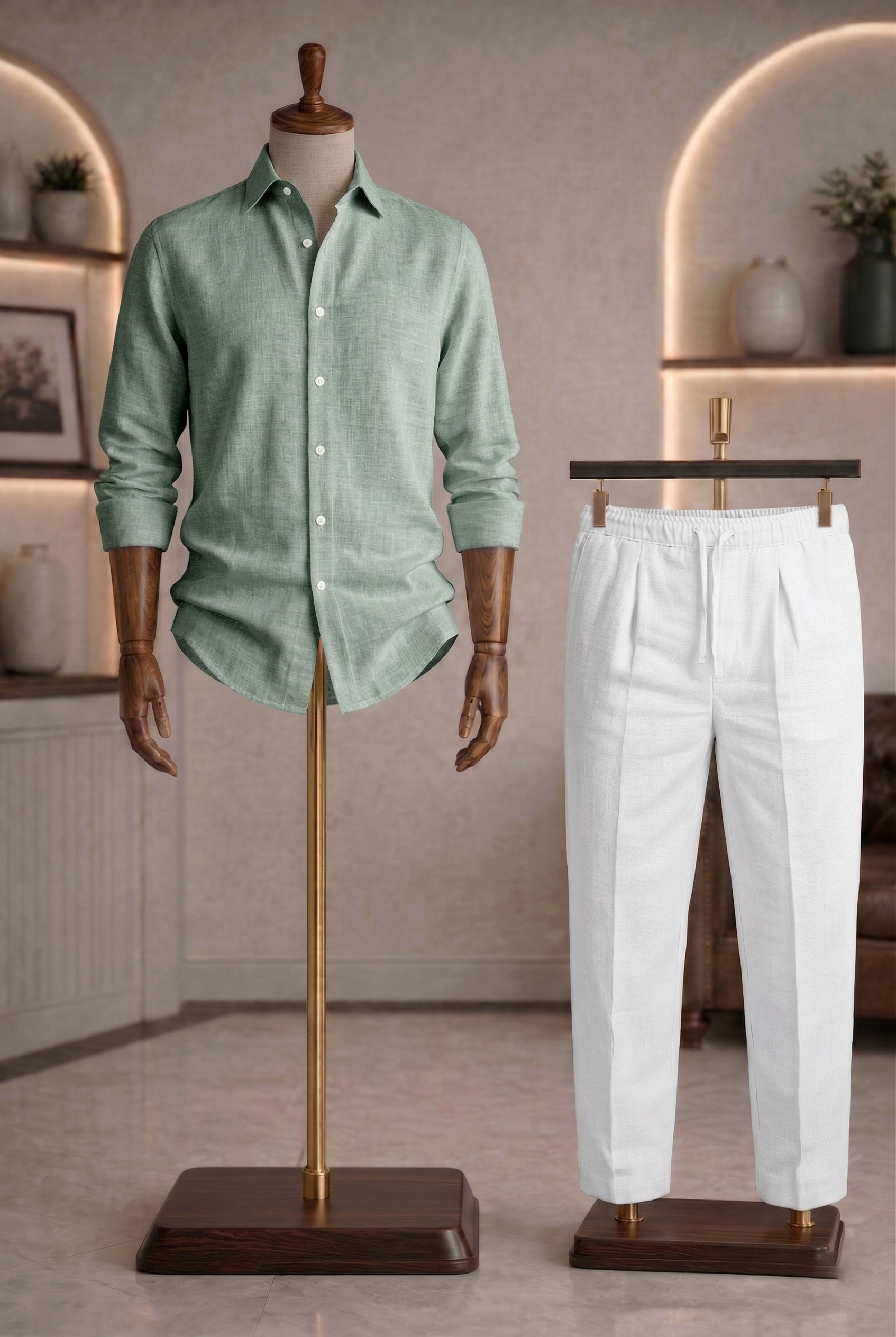 Full Sleeve Linen Pair For Men | Minty Green Linen Shirt with White Linen Pant