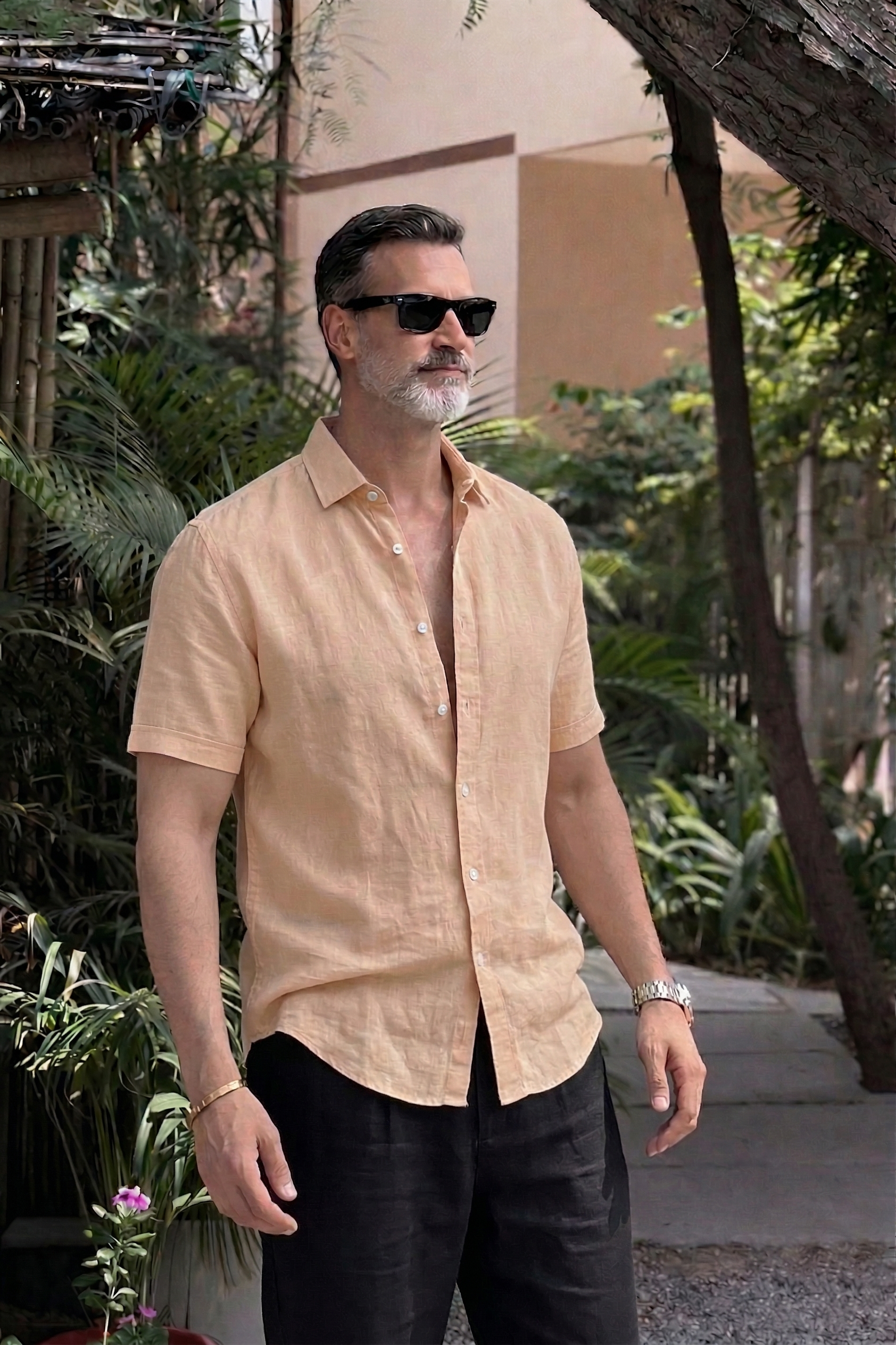 Half Sleeve Linen Pair For Men | Khaki Linen Shirt with Black Linen Pant