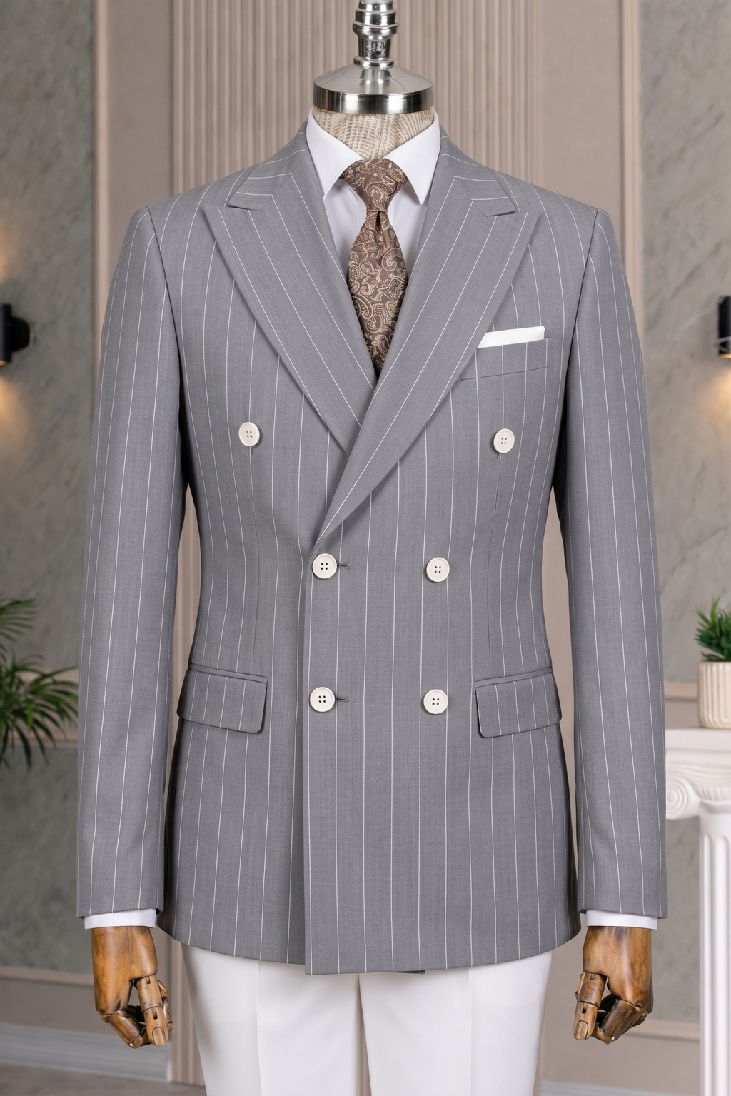 French Cuff Men's Grey Striped Double Breasted Blazer