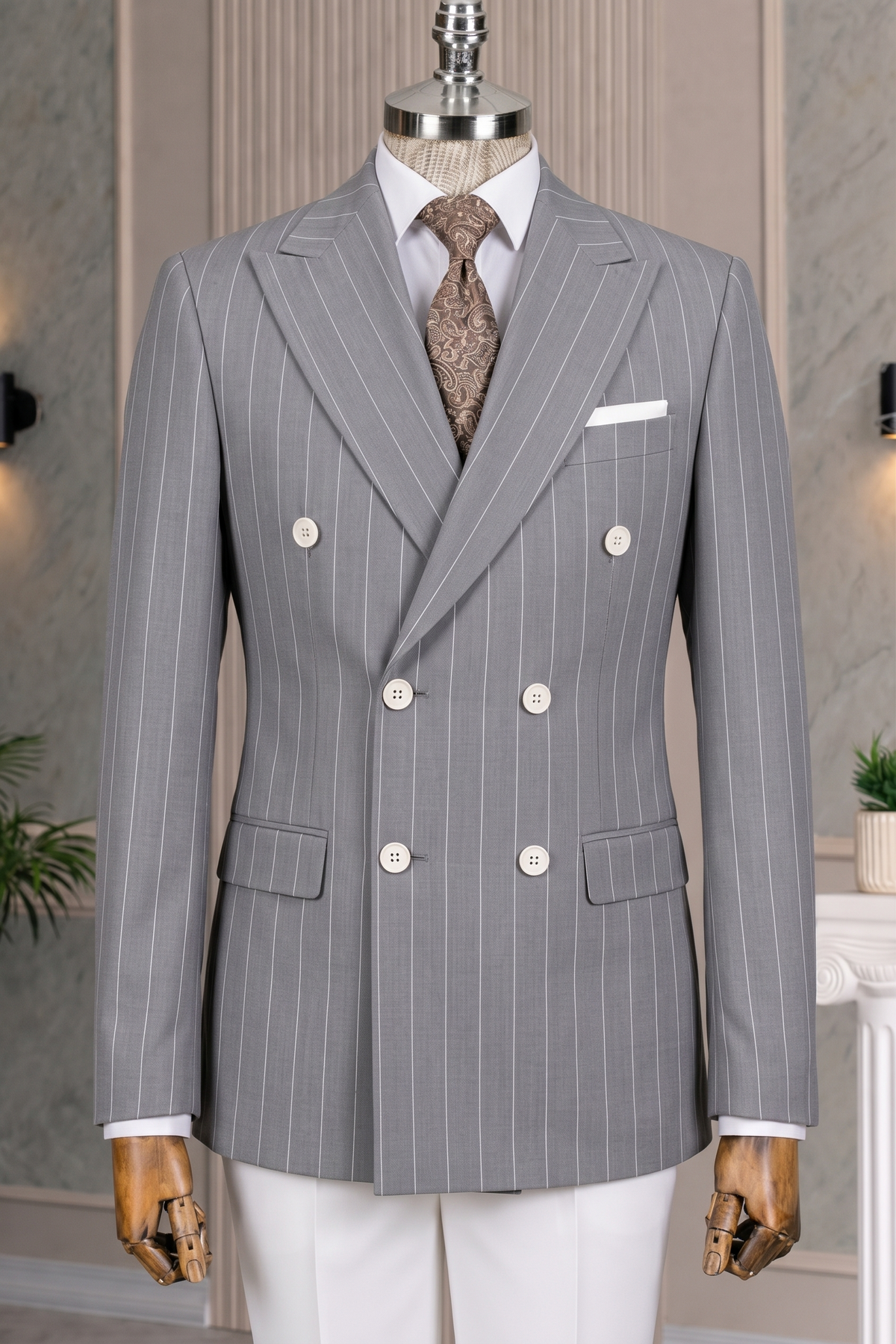 French Cuff Men's Grey Striped Double Breasted Blazer