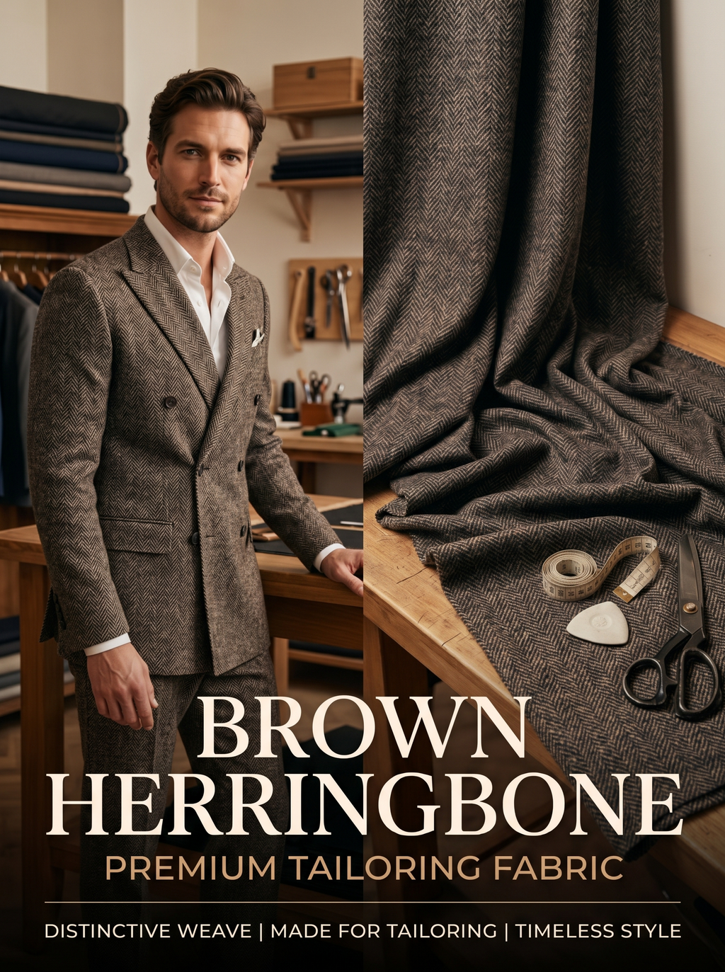Luxury Brown Herringbone Fabric | Premium Formal Wear Fabric