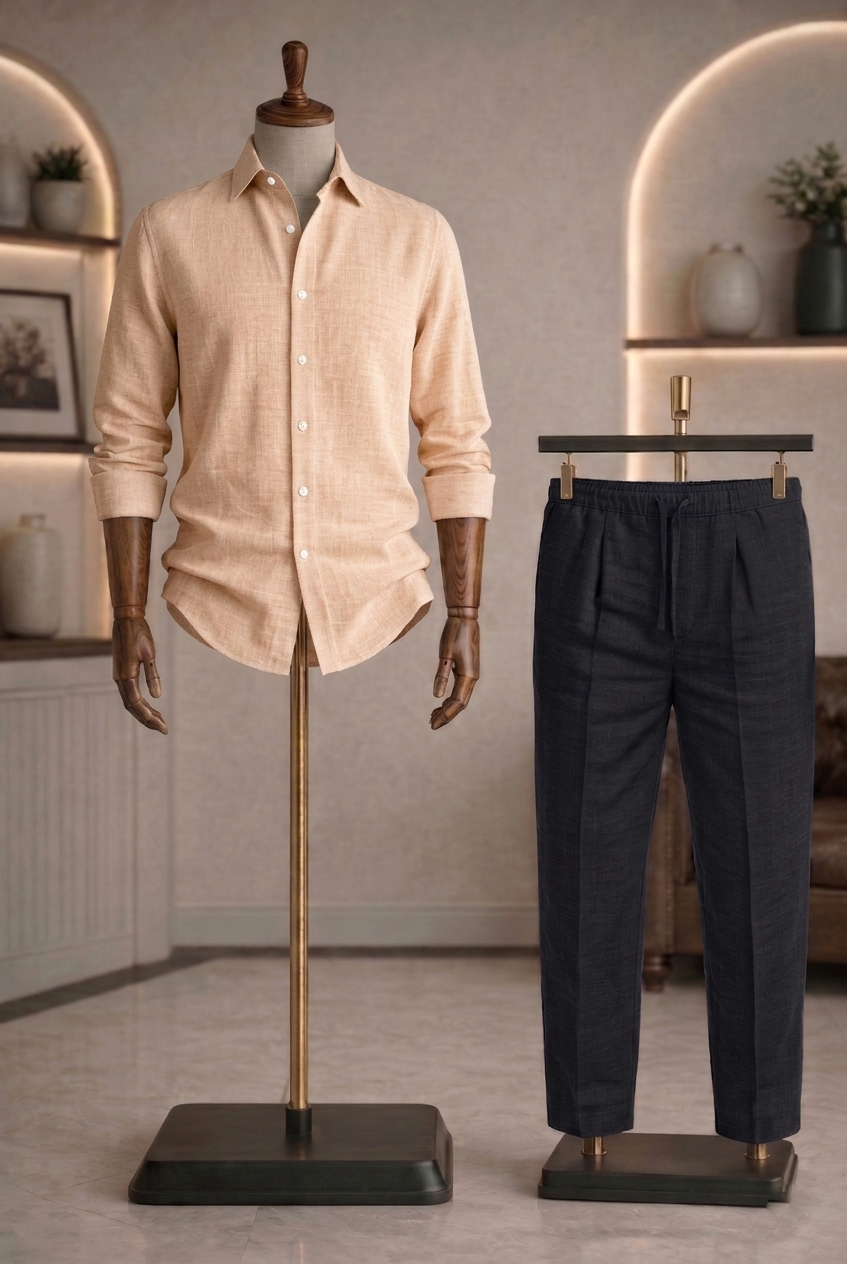 Full Sleeve Linen Pair For Men | Khaki Linen Shirt with Black Linen Pant