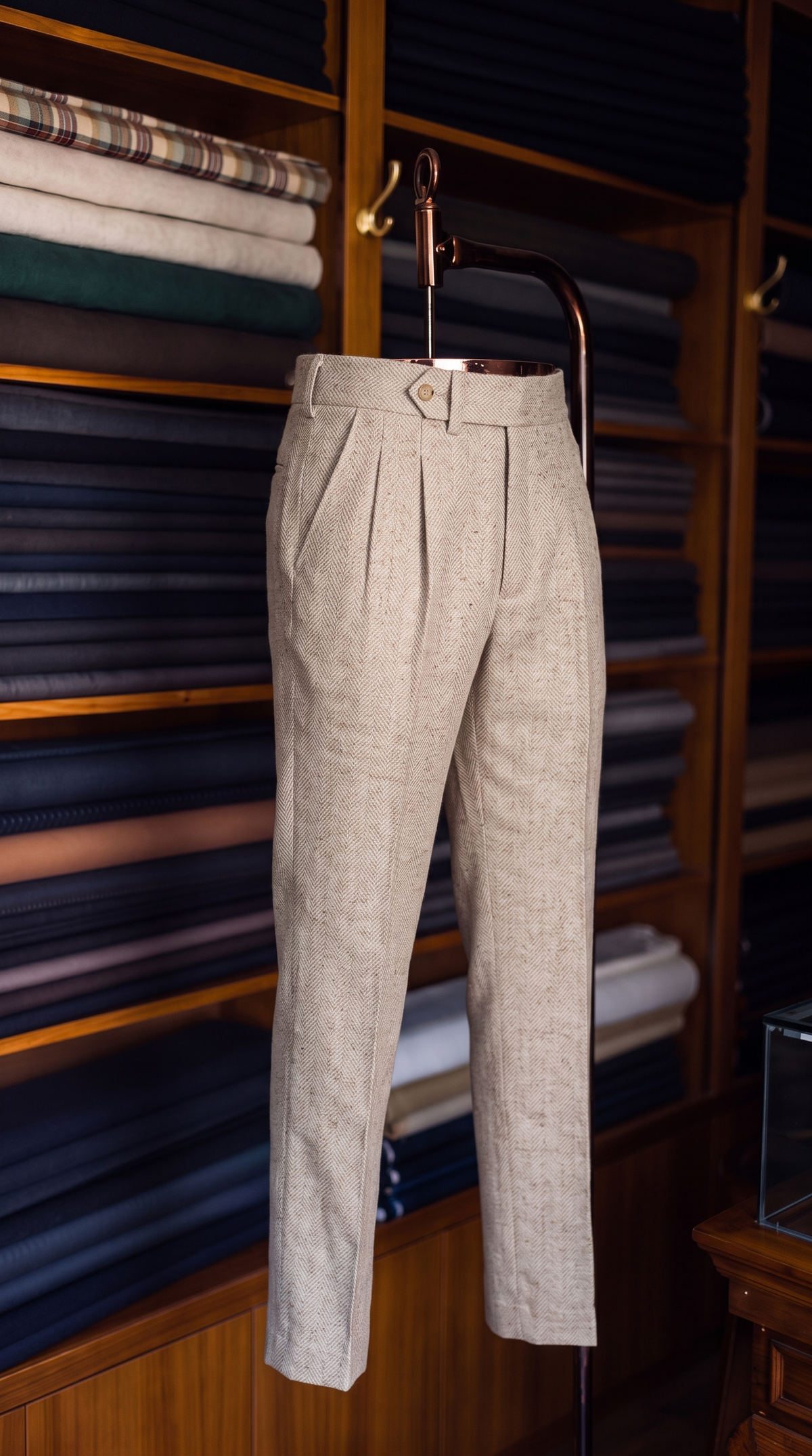 Viceroy Beige Herringbone Double Pleated Trousers for Men