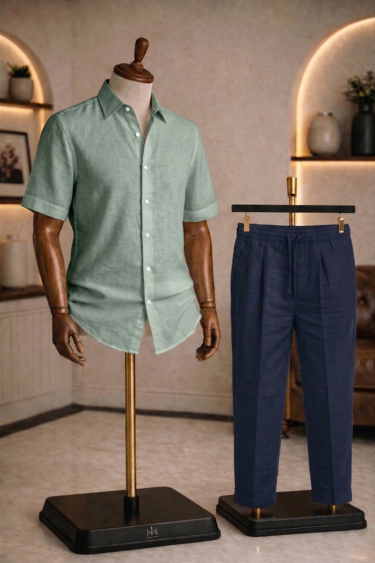 Half Sleeve Linen Pair For Men | Minty Green Linen Shirt with Navy Linen Pant