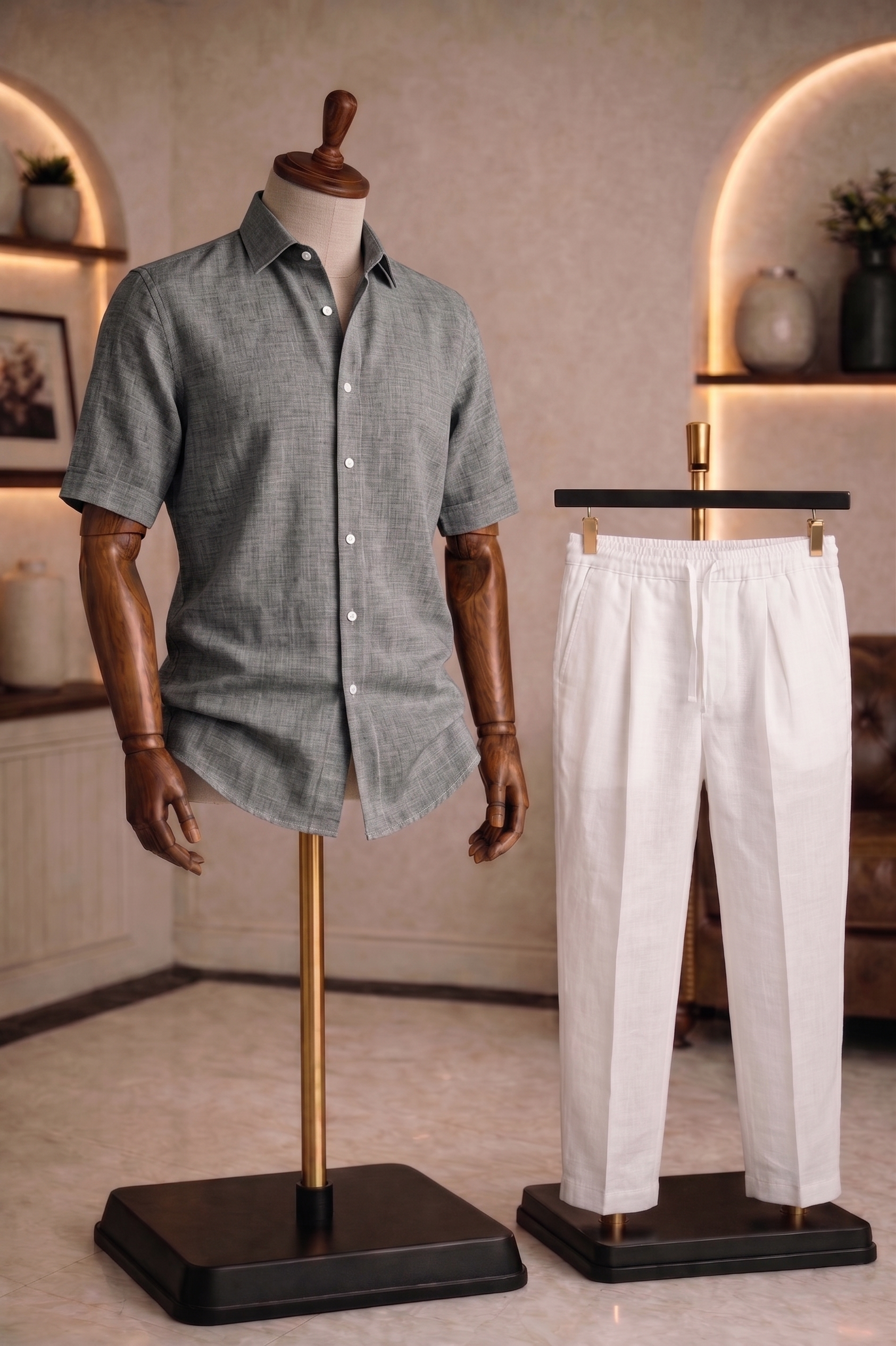 Half Sleeve Linen Pair For Men | Dark Grey Linen Shirt with White Linen Pant