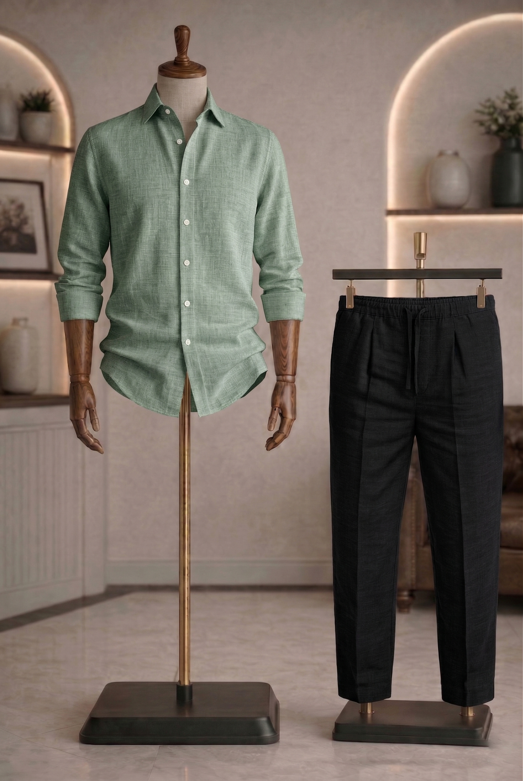 Full Sleeve Linen Pair For Men | Mint Green Linen Shirt with Black Linen Pant
