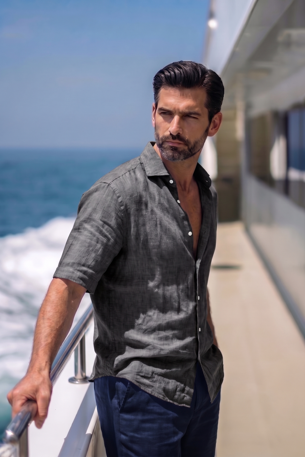 Half Sleeve Linen Pair For Men | Dark Grey Linen Shirt with Navy Linen Pant