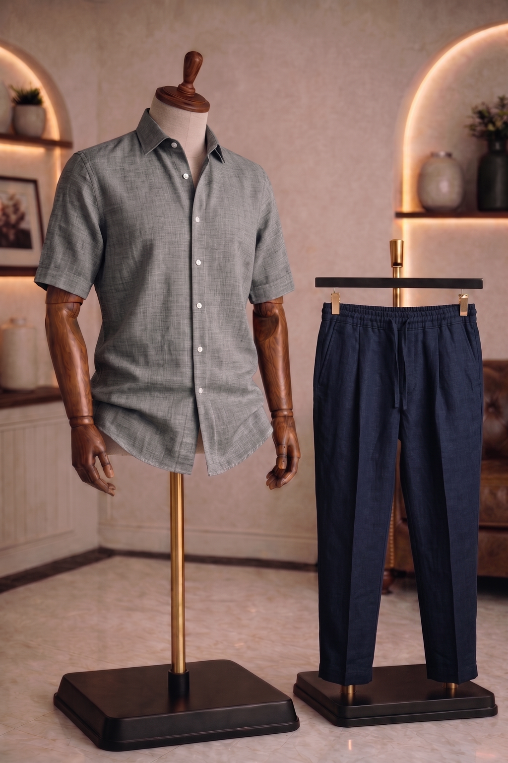 Half Sleeve Linen Pair For Men | Dark Grey Linen Shirt with Navy Linen Pant