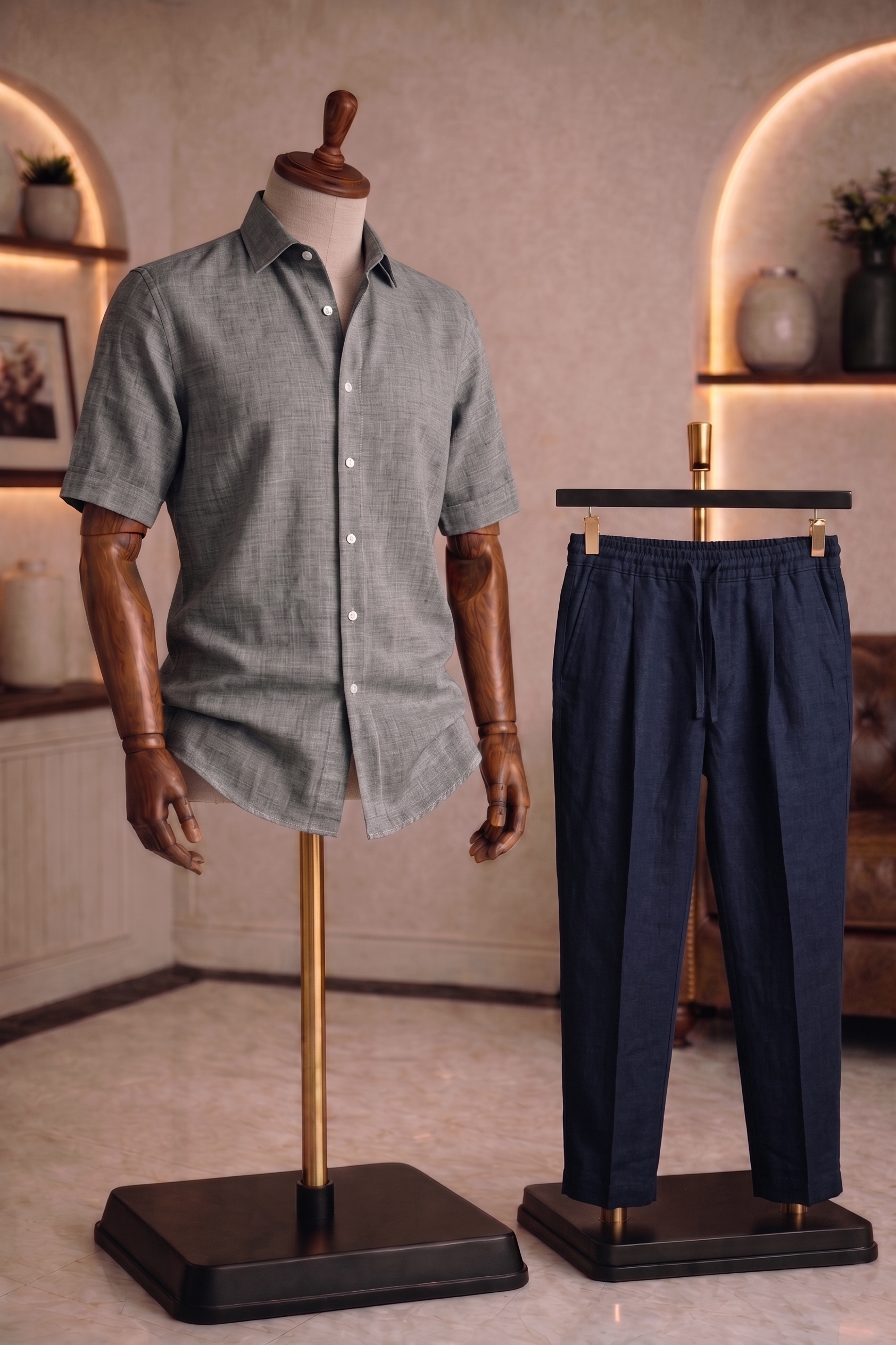 Half Sleeve Linen Pair For Men | Dark Grey Linen Shirt with Navy Linen Pant