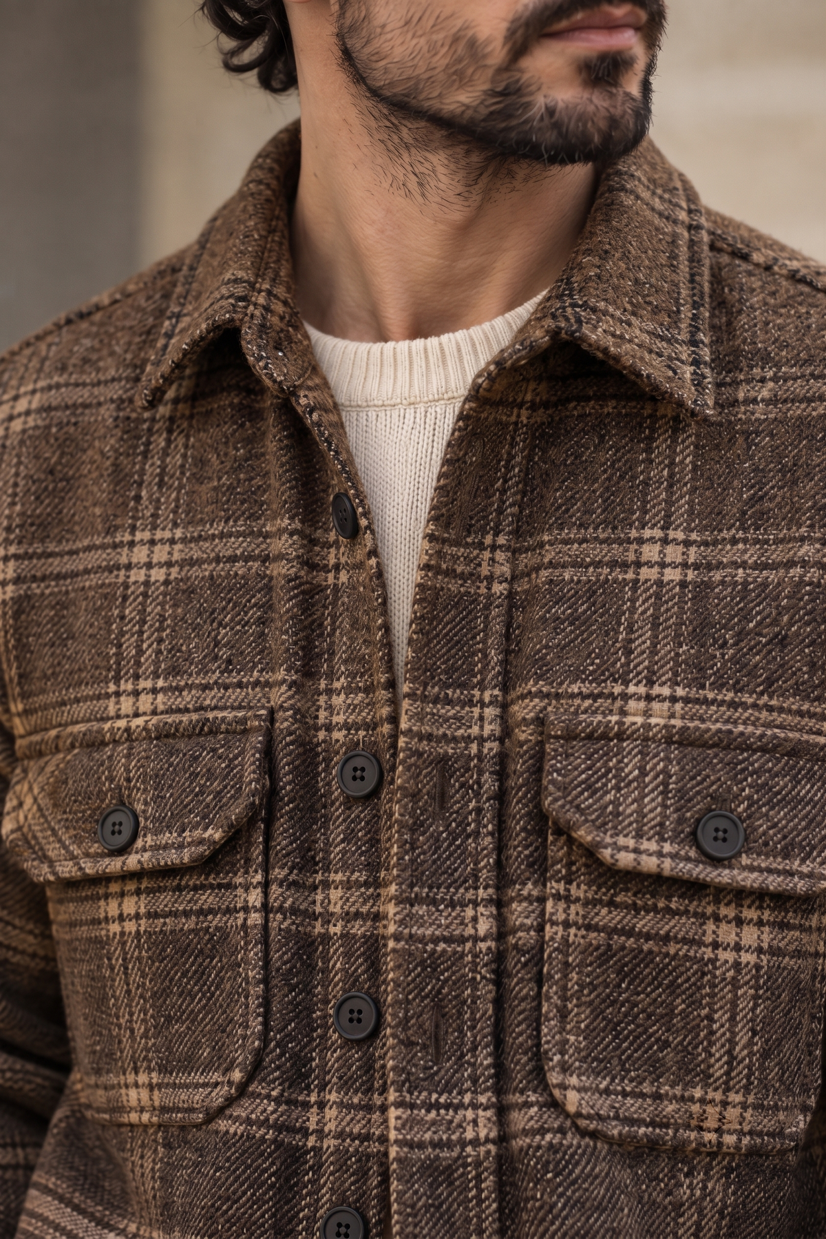Melange Brown Checked Premium Wool Shirt For Men