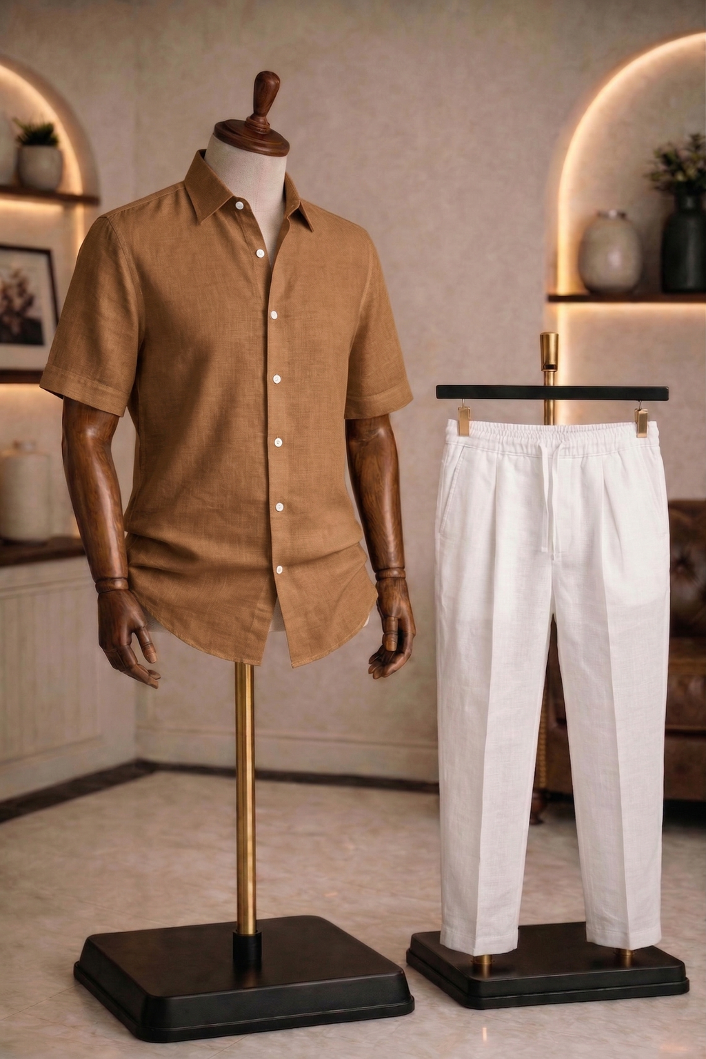 Half Sleeve Linen Pair For Men | Brown Linen Shirt with White Linen Pant