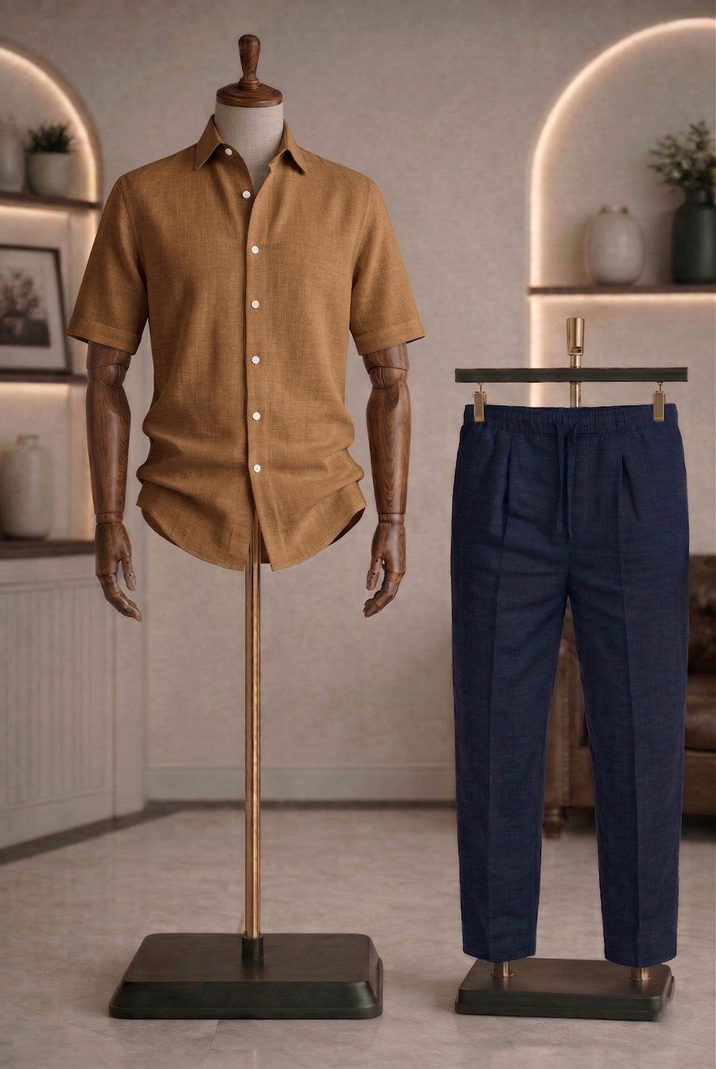 Half Sleeve Linen Pair For Men | Brown Linen Shirt with navy Linen Pant