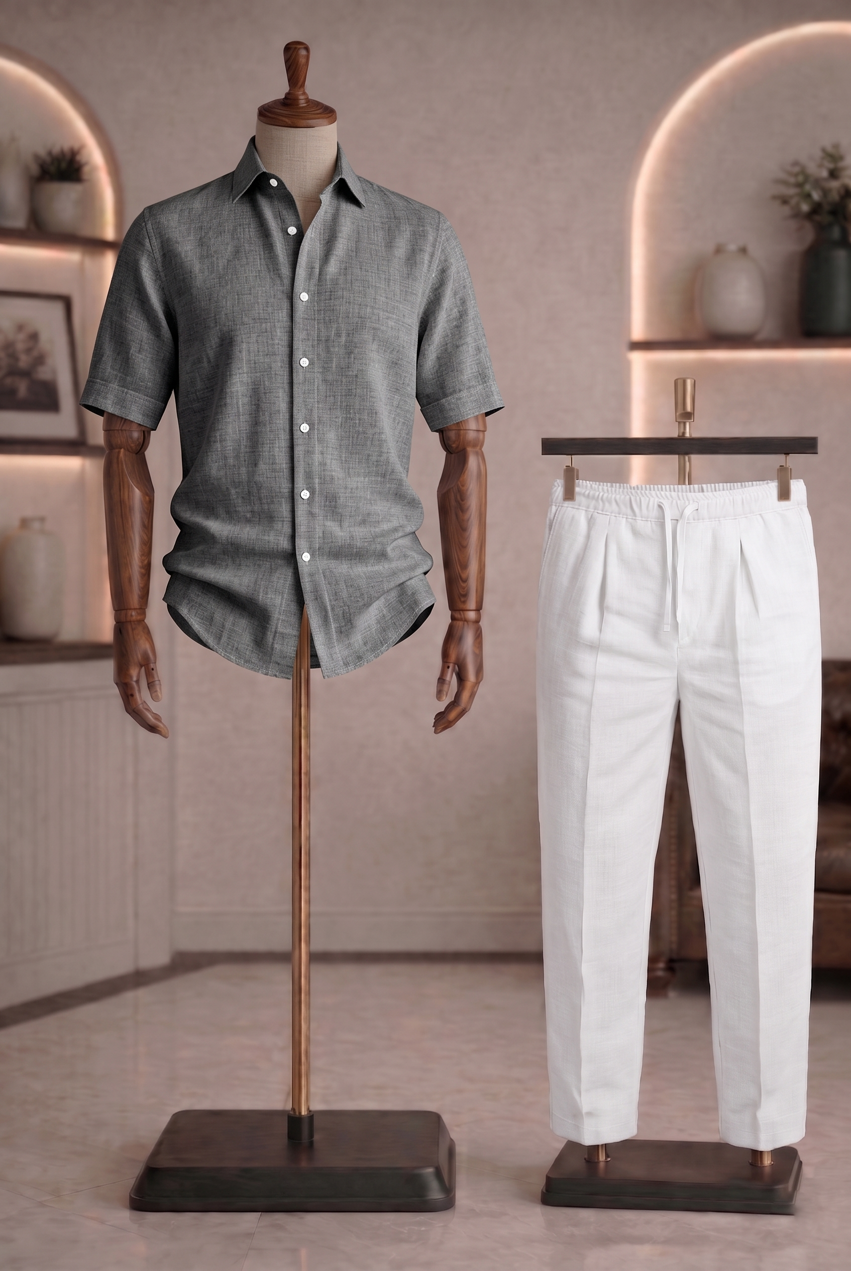 Half Sleeve Linen Pair For Men | Dark Grey Linen Shirt with White Linen Pant