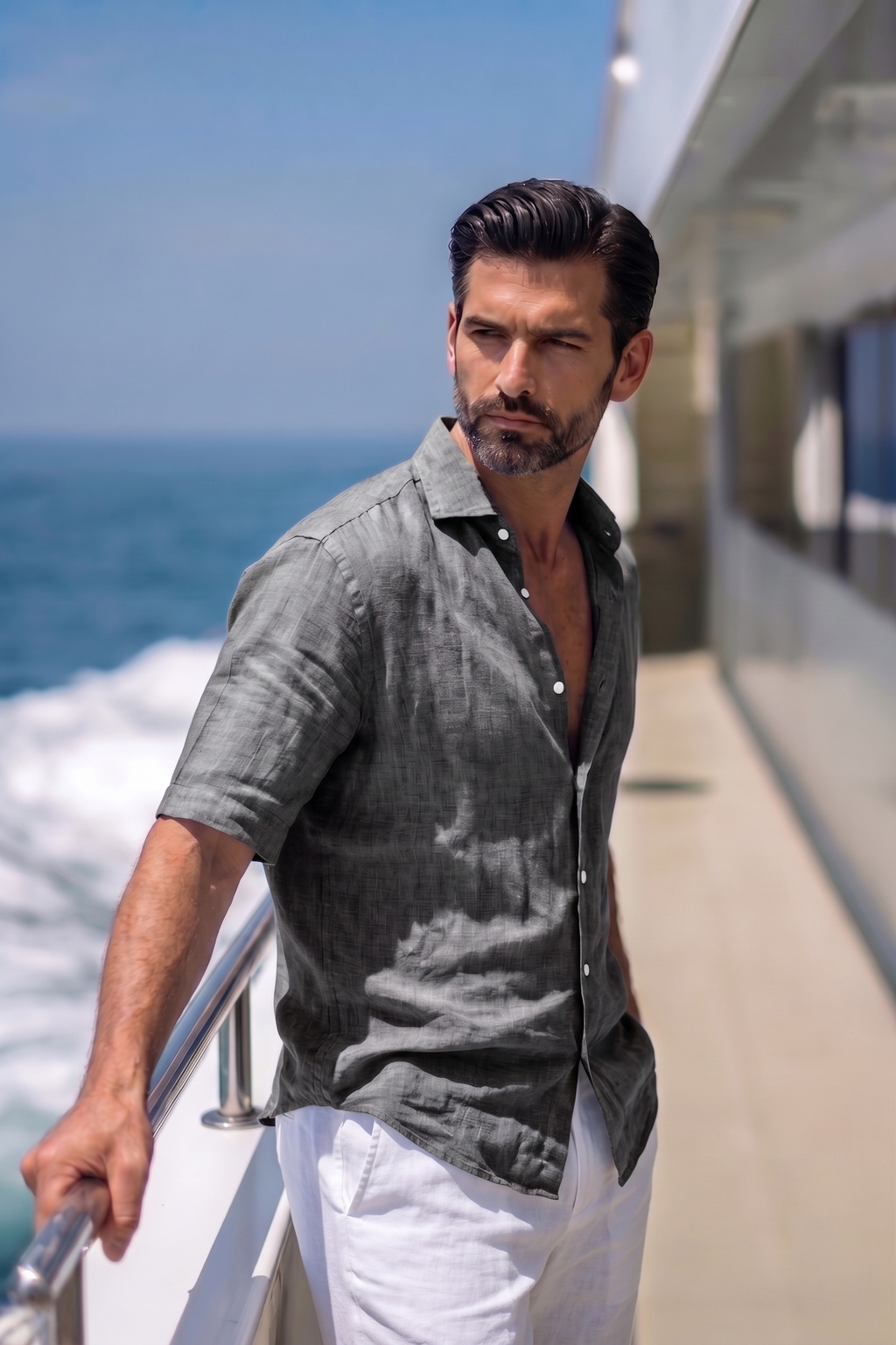 Half Sleeve Linen Pair For Men | Dark Grey Linen Shirt with White Linen Pant