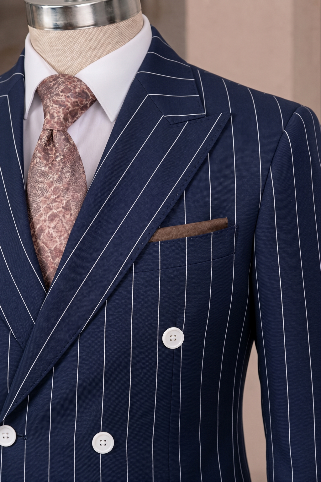 French Cuff Men's Navy Striped Double Breasted Blazer