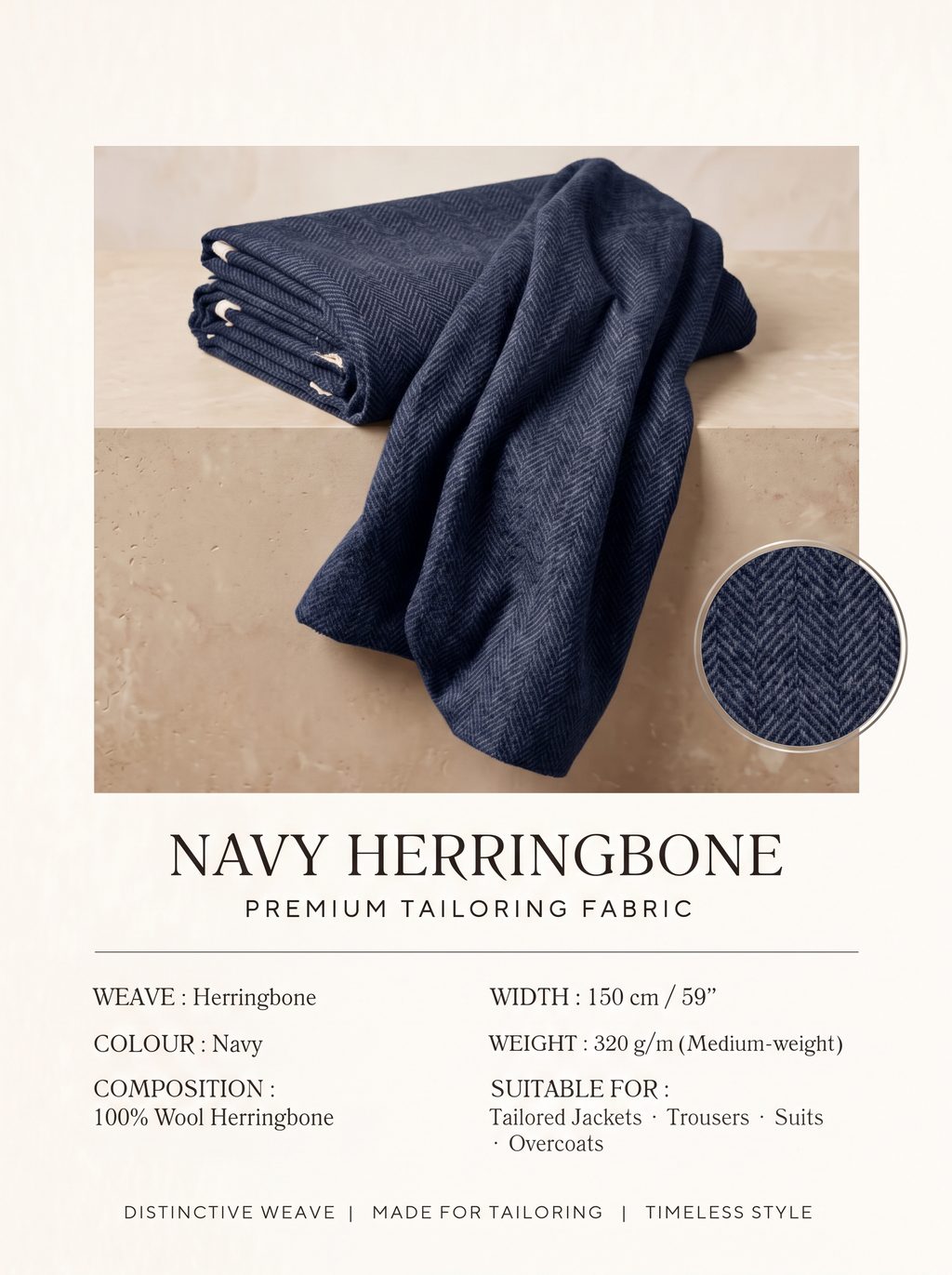 Luxury Navy Herringbone Fabric | Premium Formal Wear Fabric