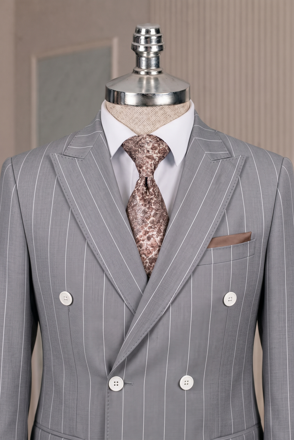 French Cuff Men's Grey Striped Double Breasted Blazer