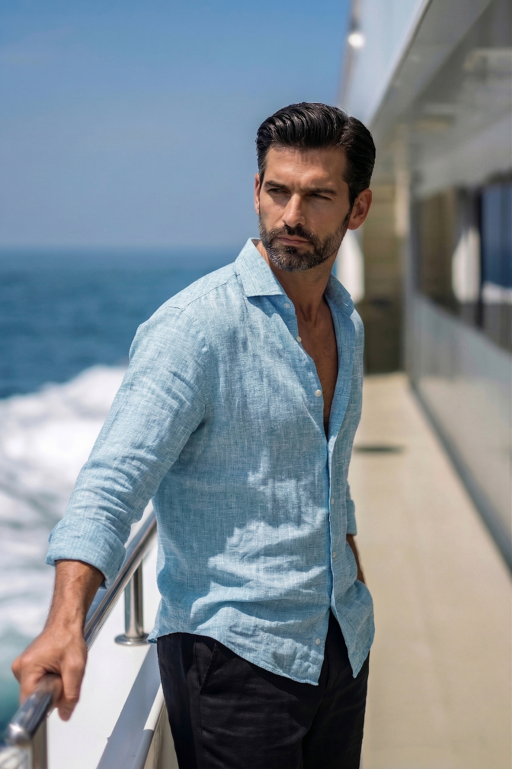 Full Sleeve Linen Pair For Men | Sky Blue Linen Shirt with Black Linen Pant
