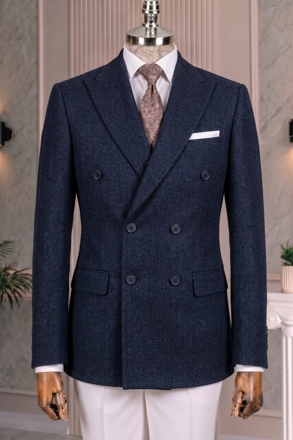 French Cuff Men's Navy Herringbone Double Breasted Blazer