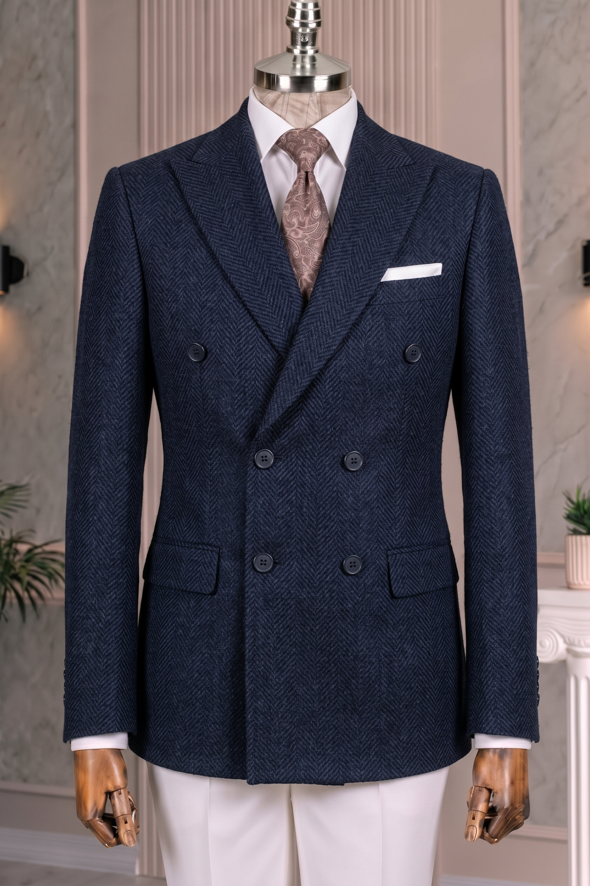 French Cuff Men's Navy Herringbone Double Breasted Blazer